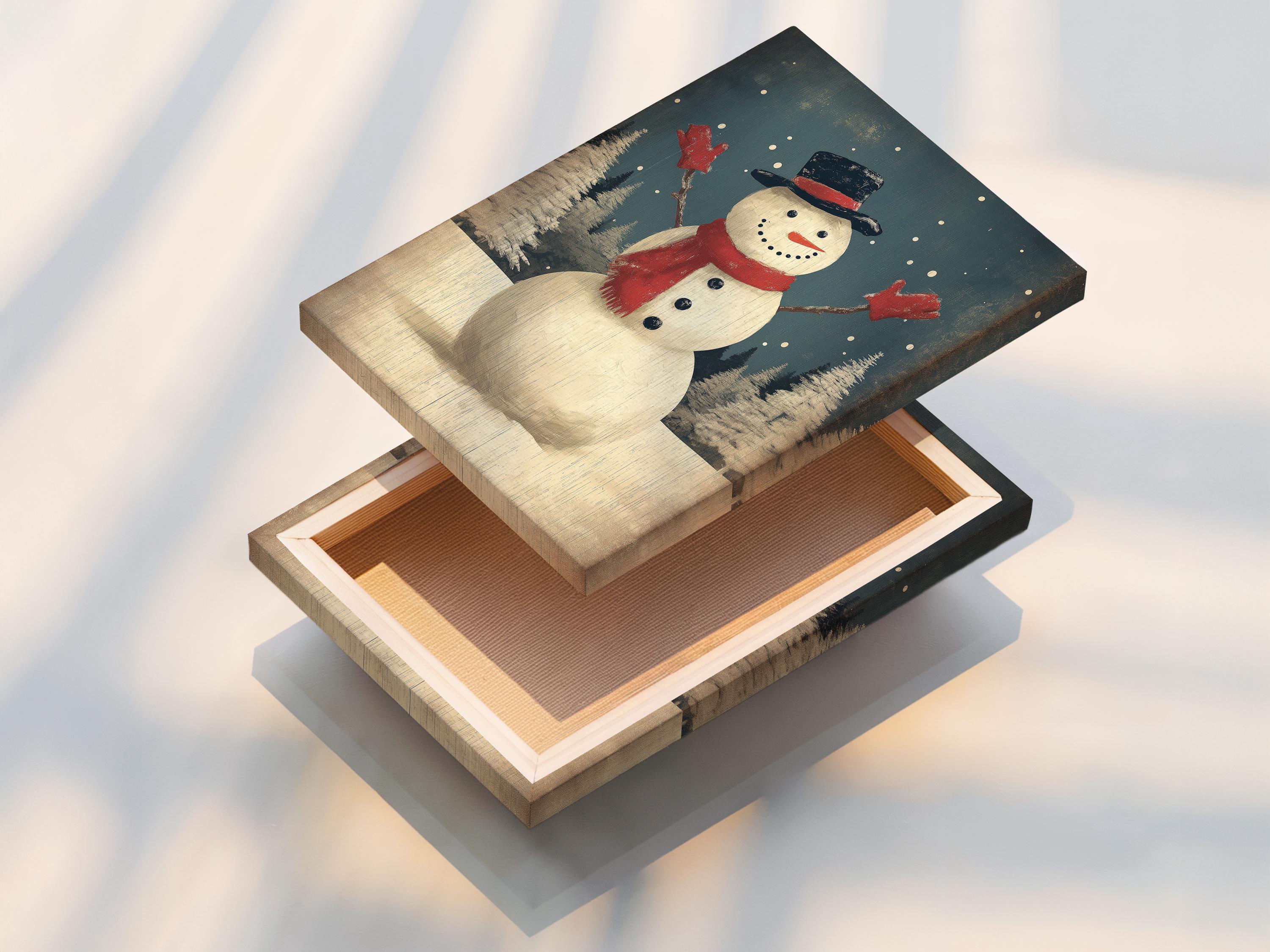 Snowman standing in falling snow with a dark top hat and red scarf in a winter forest scene detail view