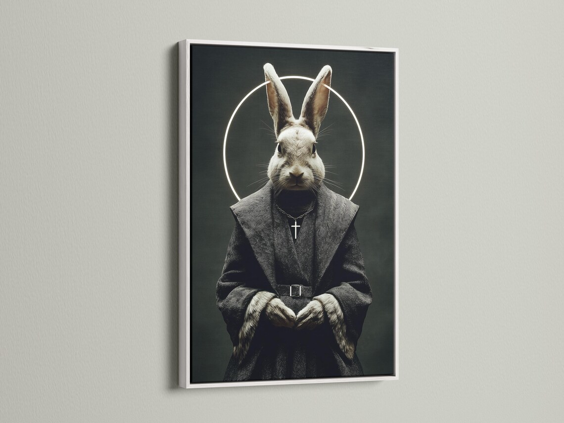 Monochrome rabbit monk portrait with a glowing halo, hooded robe, and a small cross pendant detail view