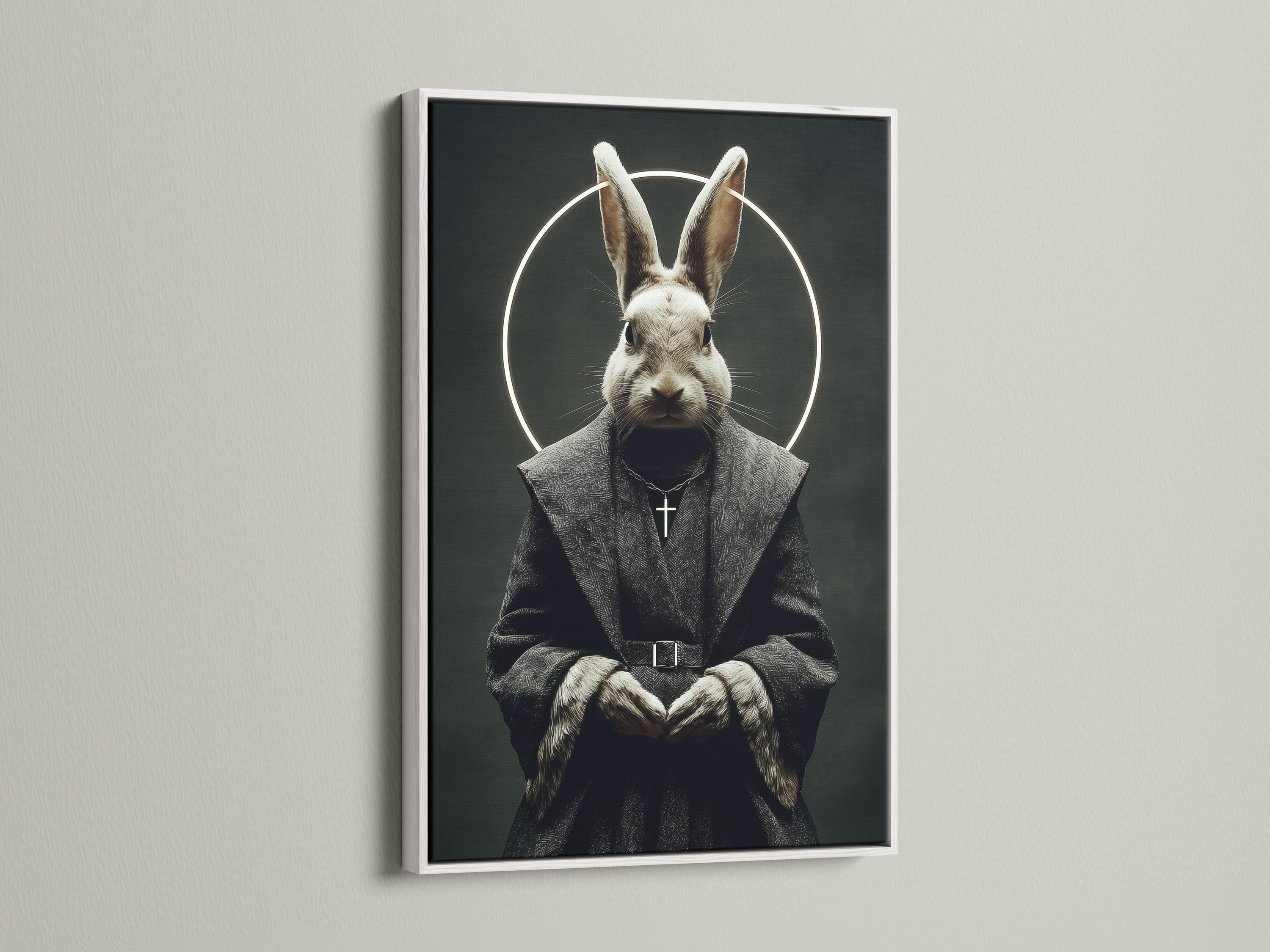 Monochrome rabbit monk portrait with a glowing halo, hooded robe, and a small cross pendant detail view