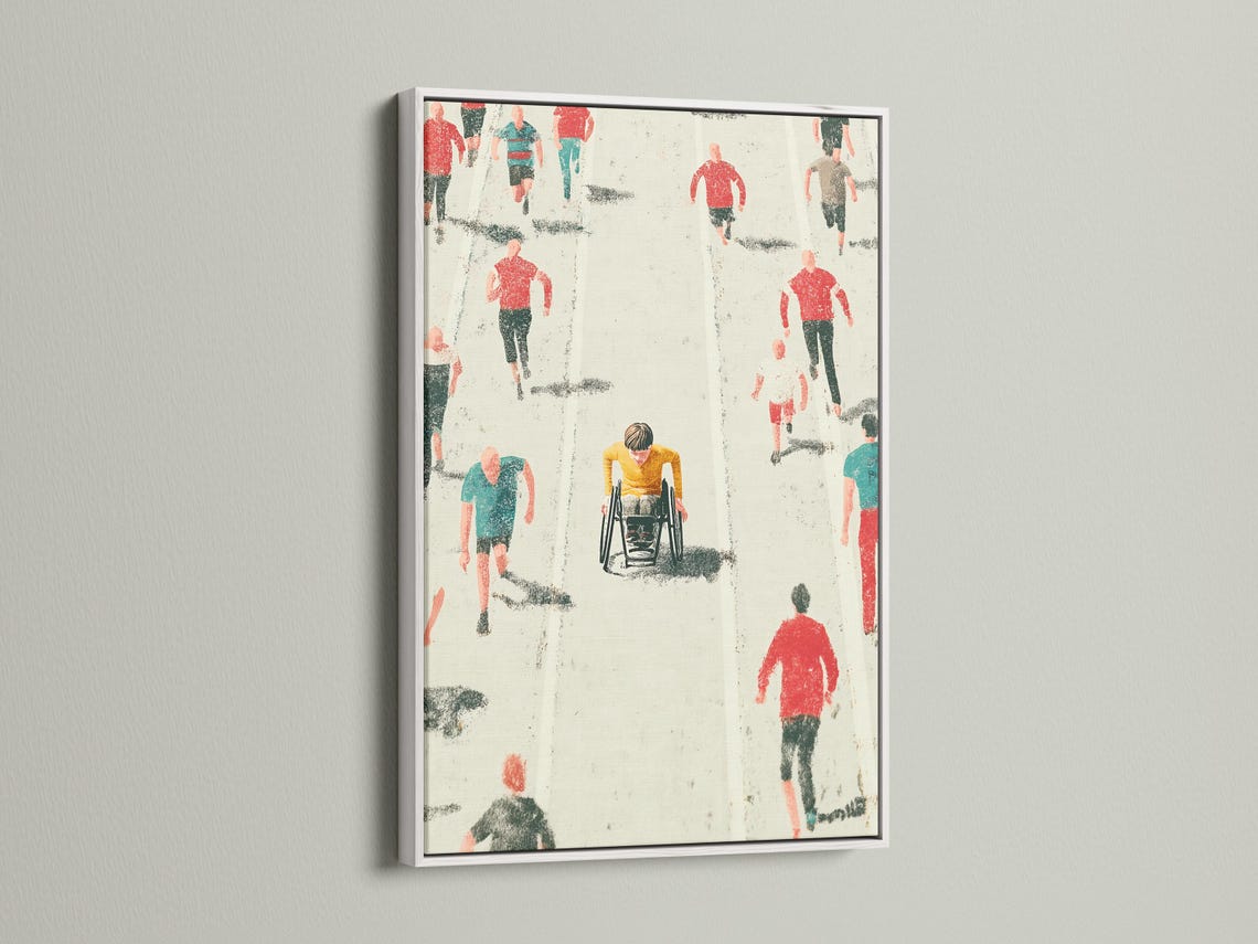 Wheelchair racer and runners in red and teal on a speckled off-white background detail view