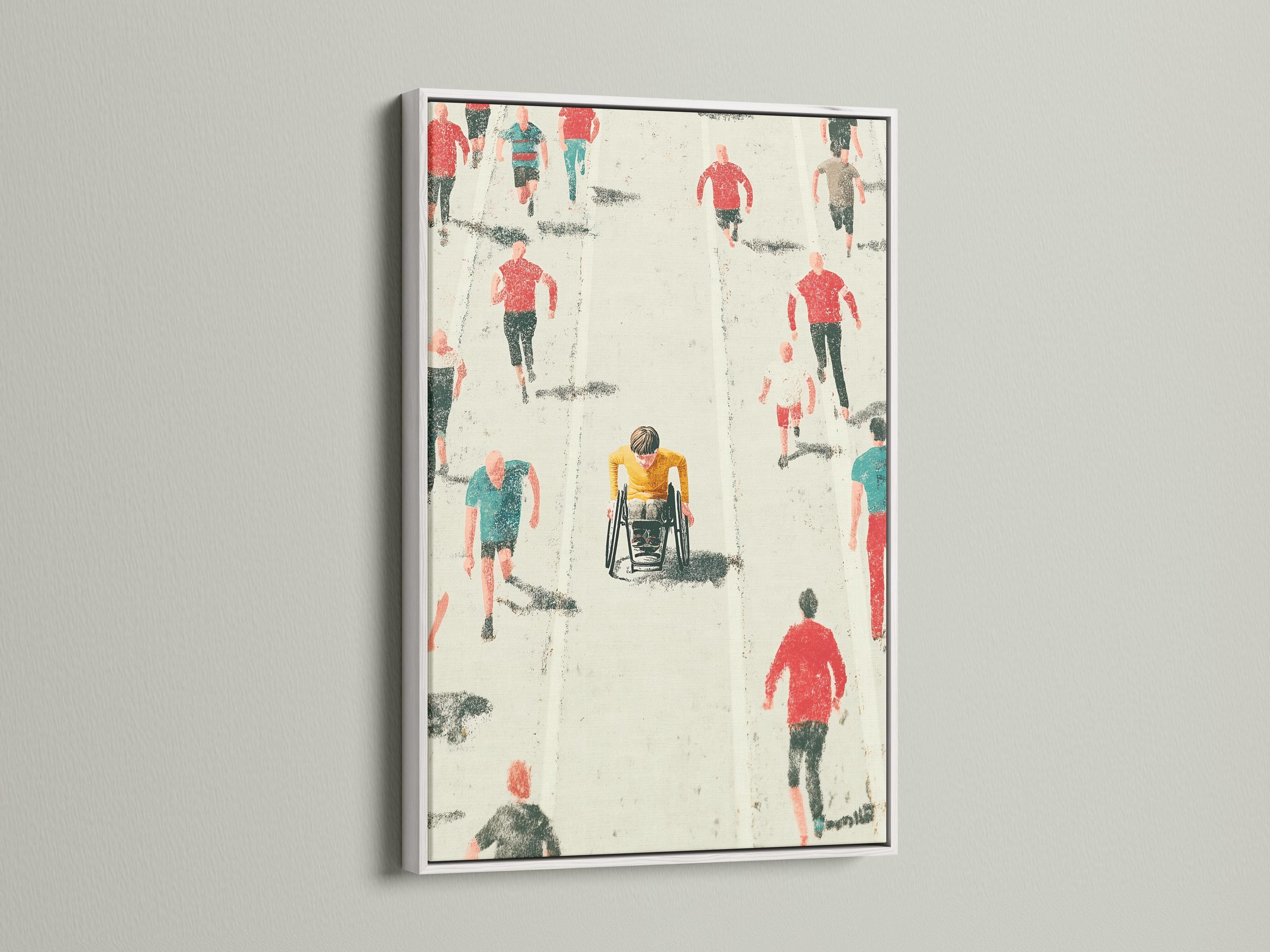 Wheelchair racer and runners in red and teal on a speckled off-white background detail view