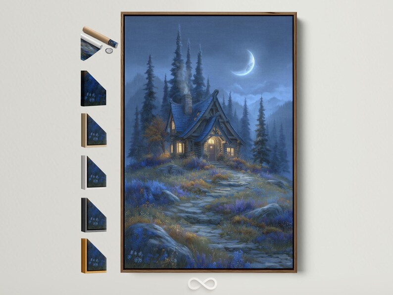 Moonlit cottage in a blue forest with tall pine trees, a full moon, and a winding path