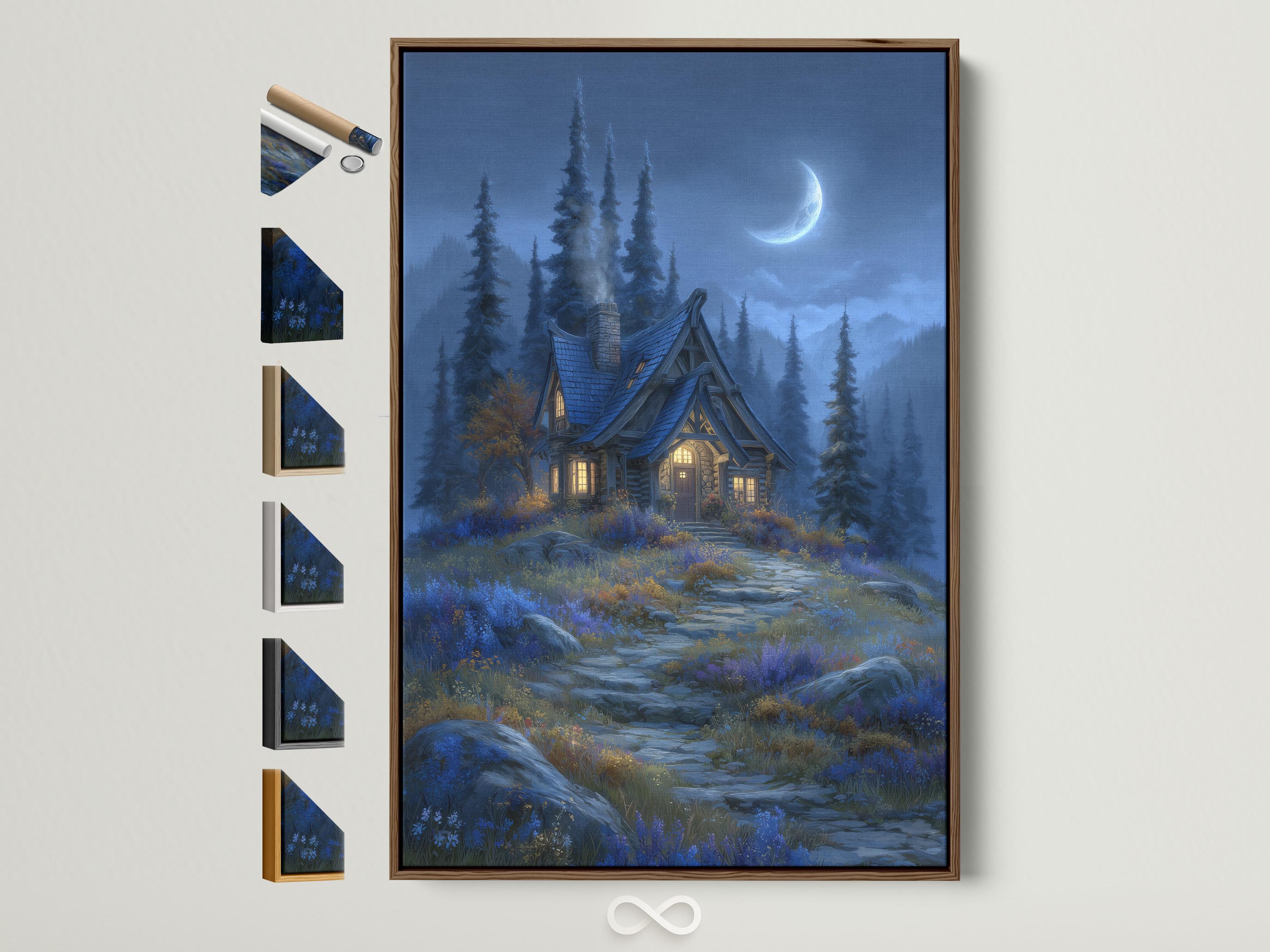Moonlit cottage in a blue forest with tall pine trees, a full moon, and a winding path