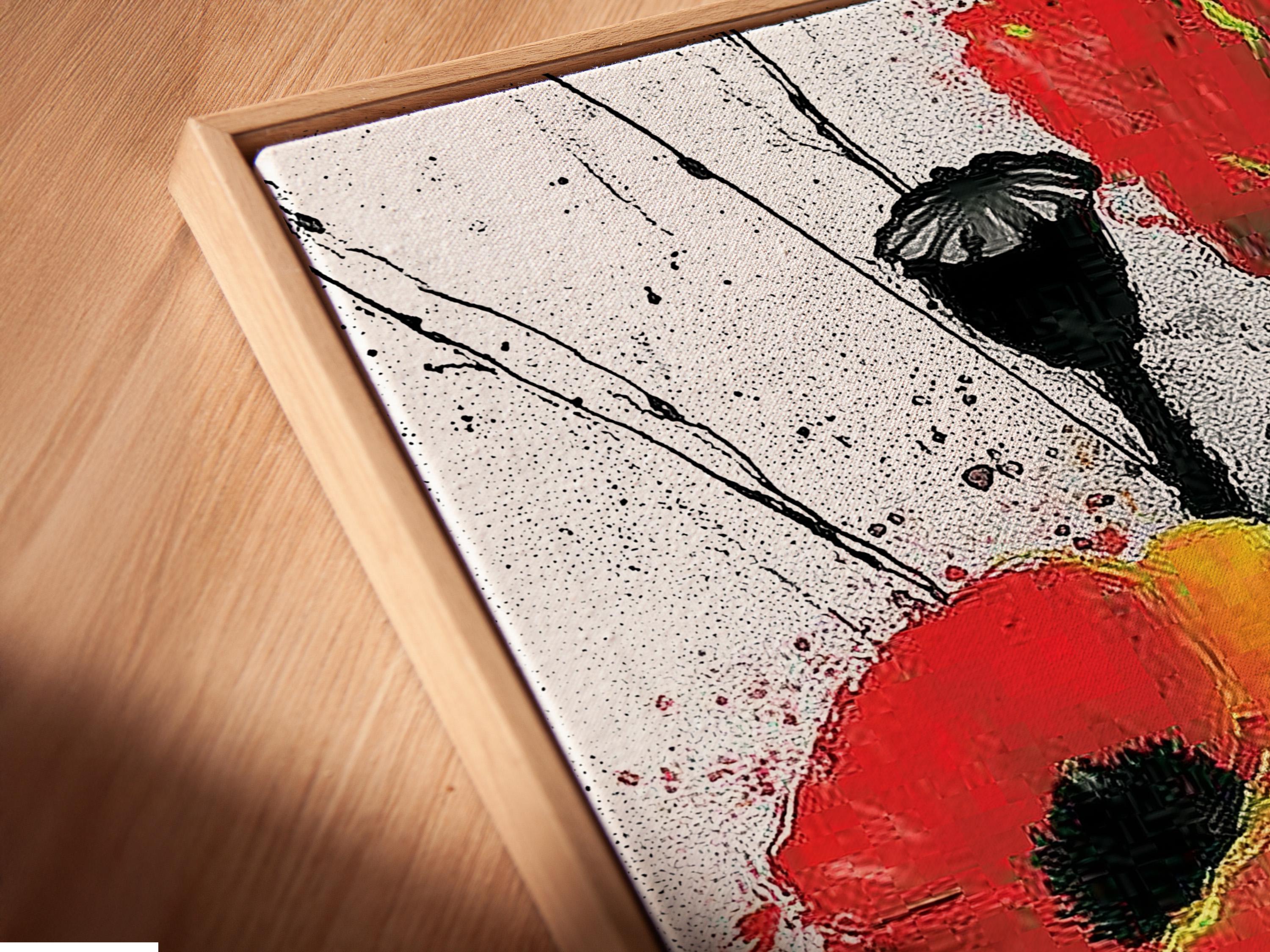 Stylised red poppy flower with black stems on a white speckled background detail view