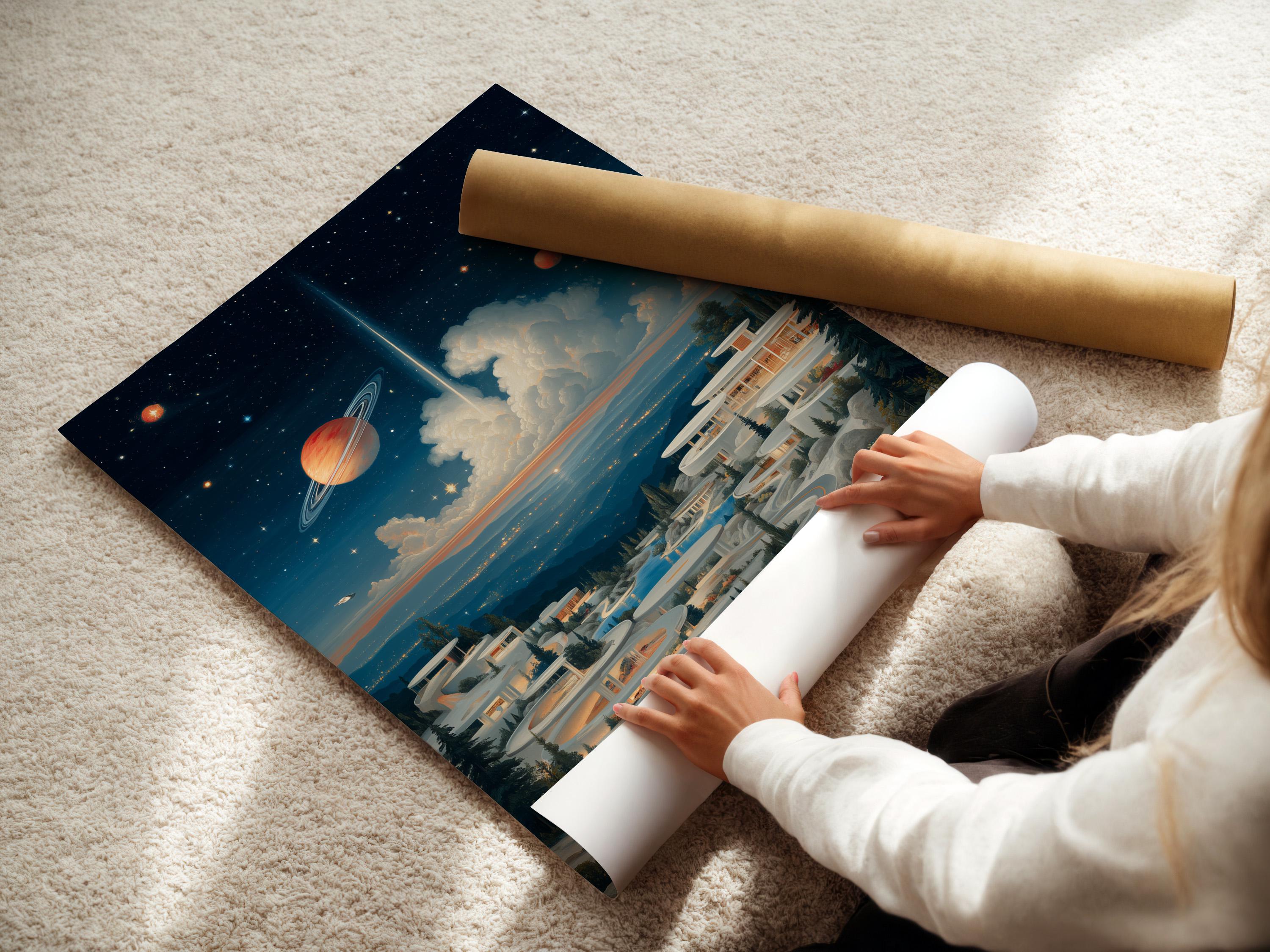 Surreal space landscape with planets, stars, snowy futuristic buildings and a red car on a winding road detail view