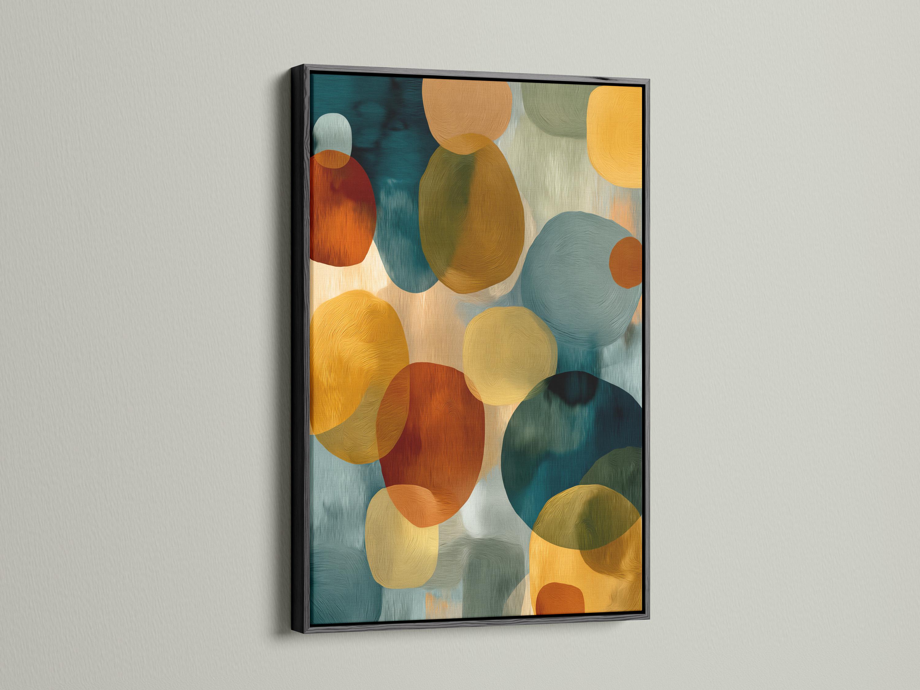 Framed abstract circle artwork with teal, cream, rust and mustard circles on a pale background