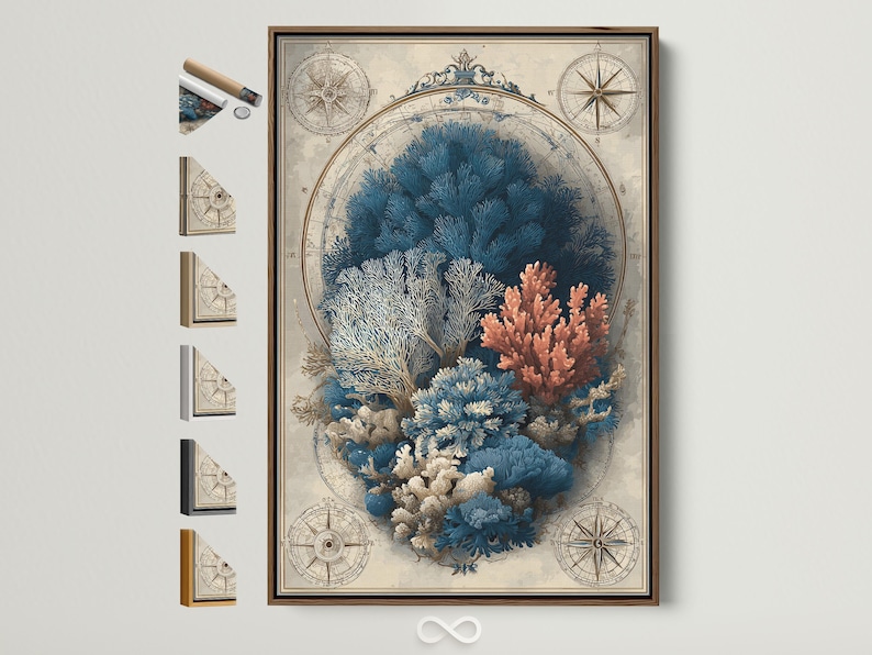 Vintage nautical map illustration of a coral reef in a circular medallion with compass roses