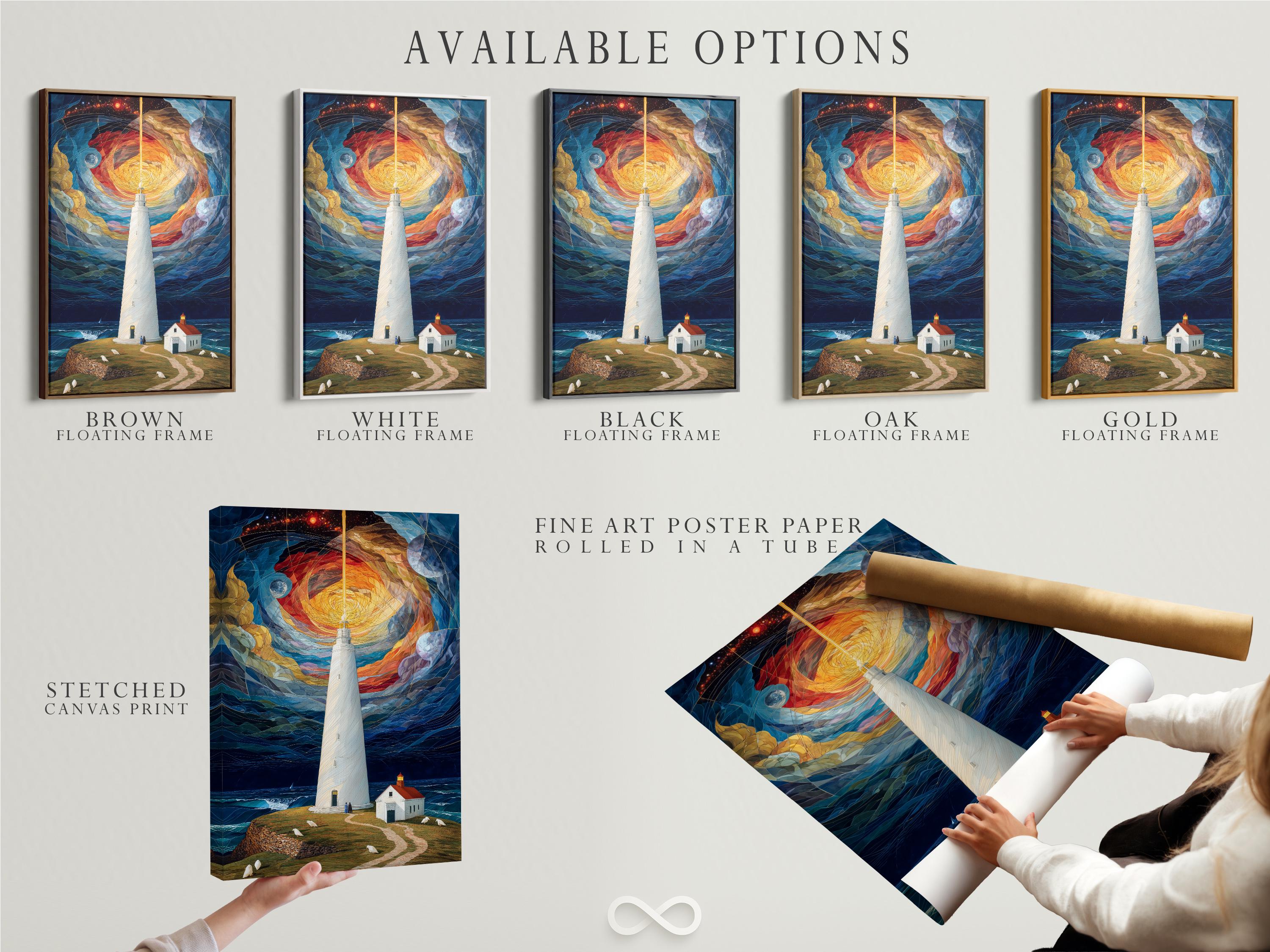 Lighthouse on a coastal shore under a swirling starry sky with glowing warm light detail view