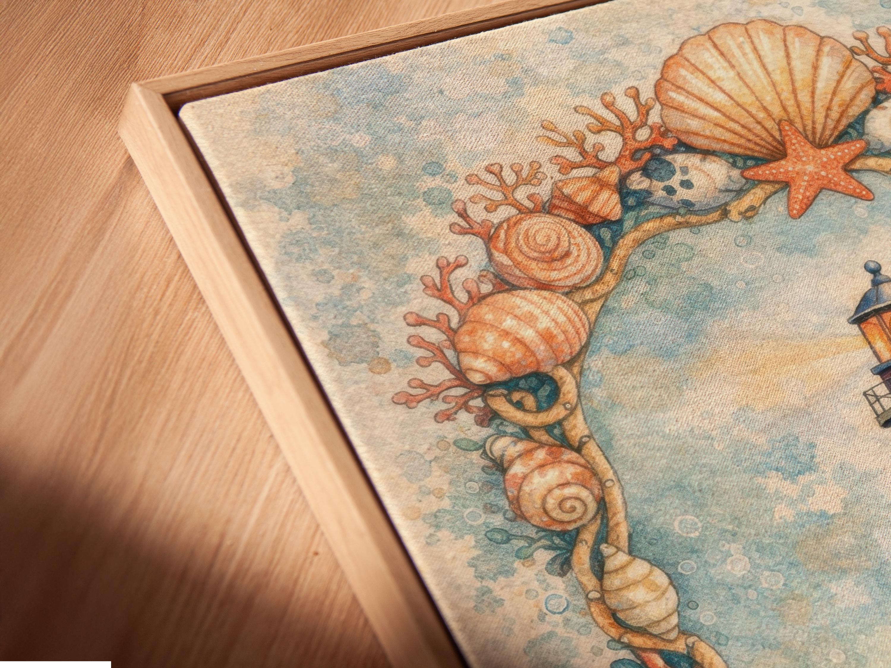 Coastal lighthouse illustration with seashells, starfish and coral-like branches framing the scene detail view