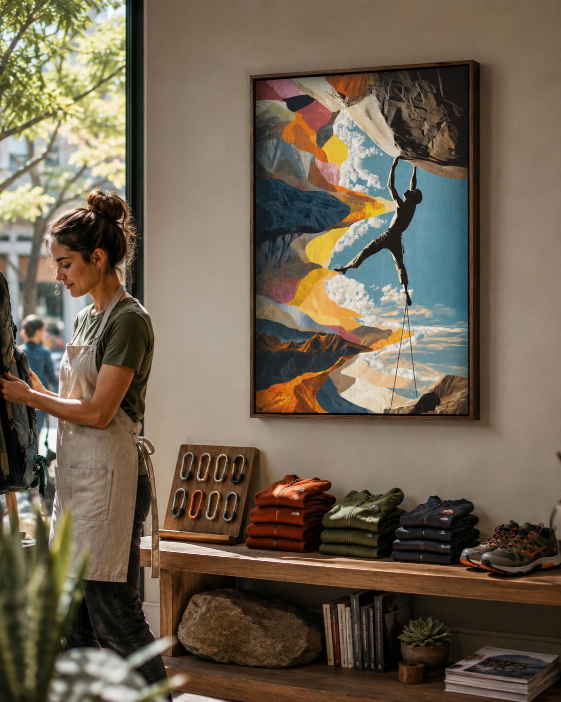 Man sitting near a bench and climbing gear beside a framed climbing artwork on a concrete wall