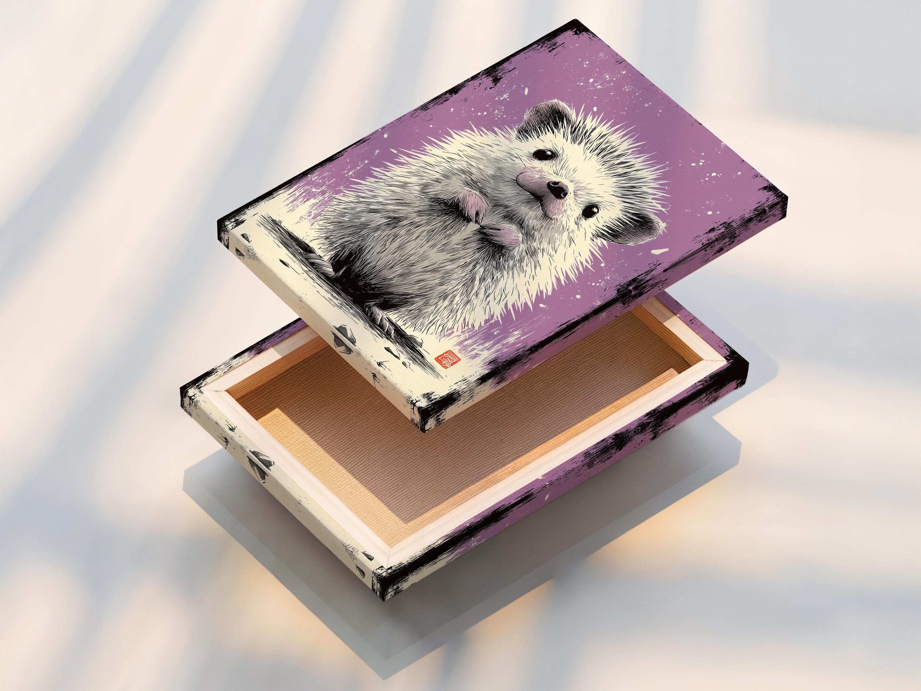 Hedgehog artwork shown in a framed wall mockup on a light background