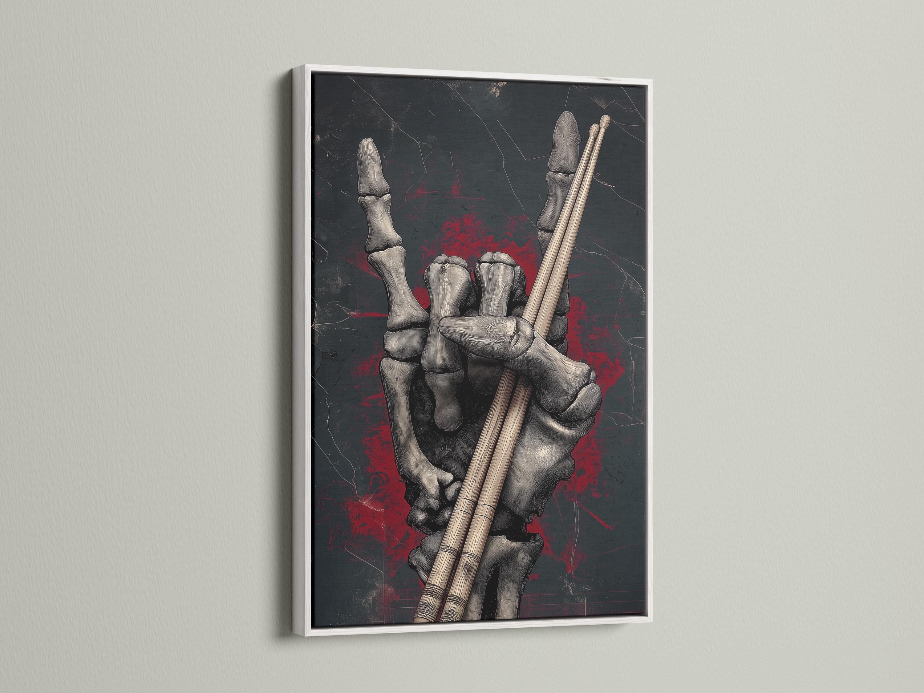 Gothic skeleton hands holding drumsticks on a dark charcoal background with red splatter detail view