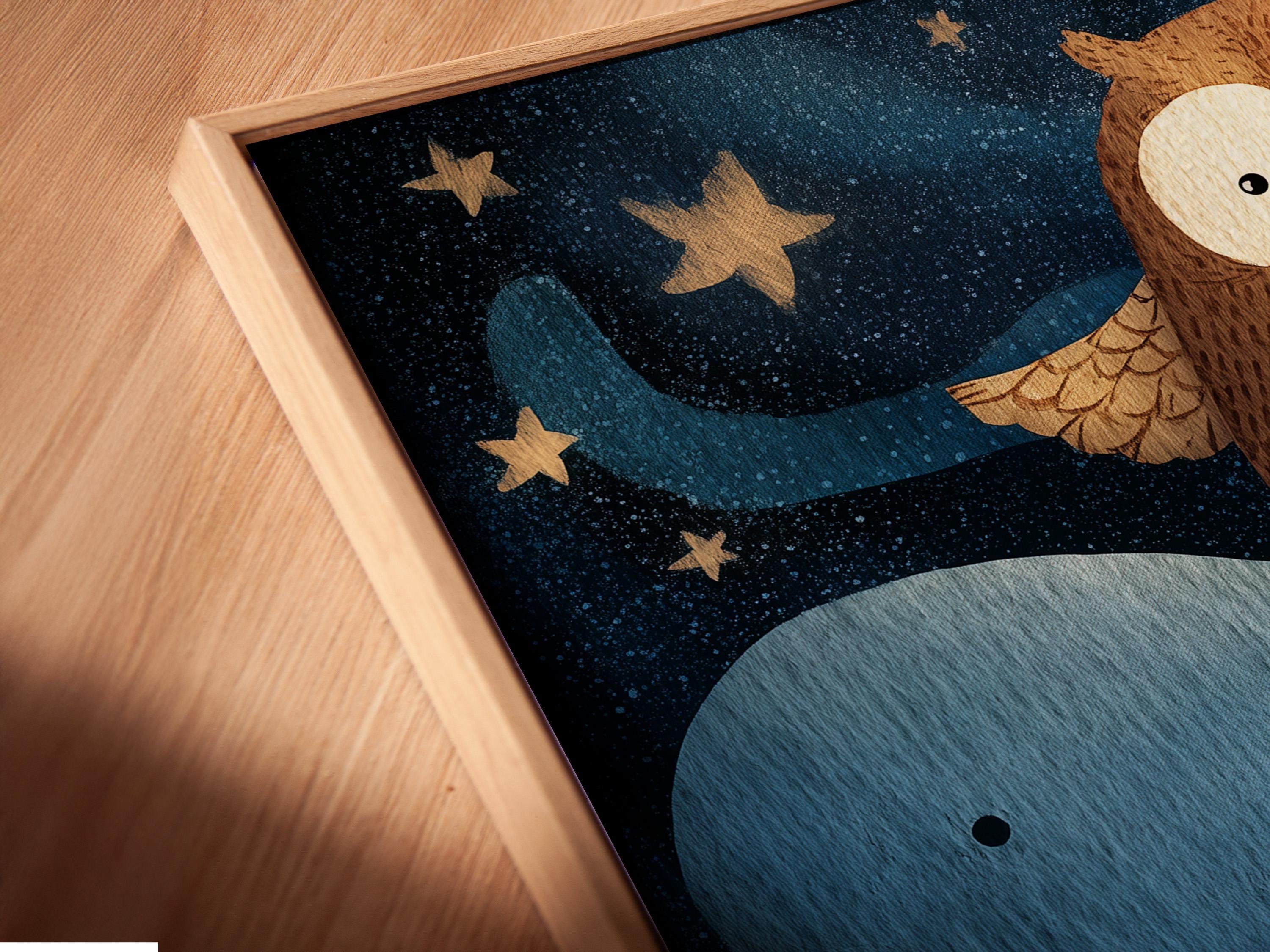 Owl perched above a blue whale with a smiling fox under starry night sky detail view