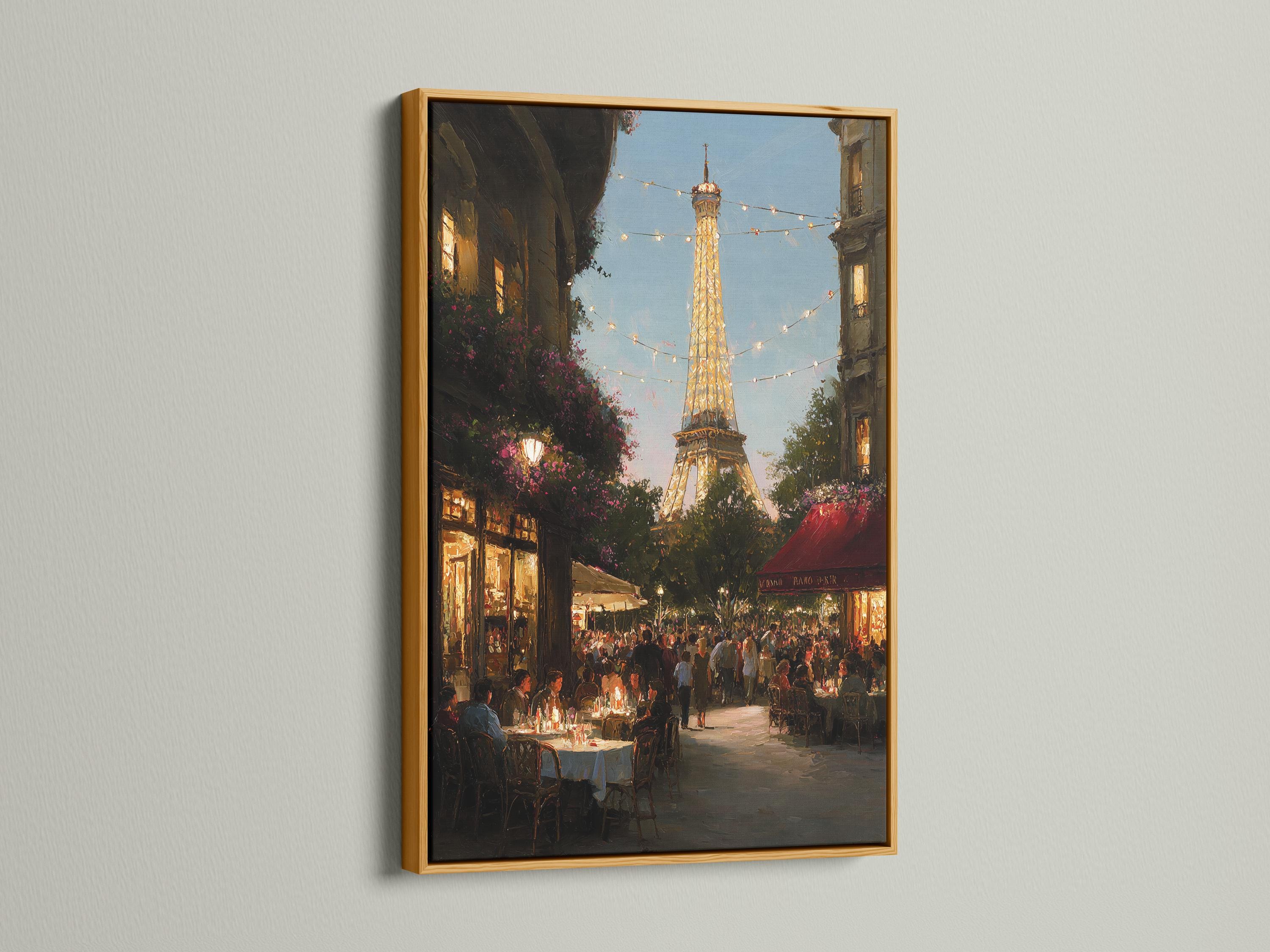 Painterly Paris street scene with the illuminated Eiffel Tower and warm string lights detail view