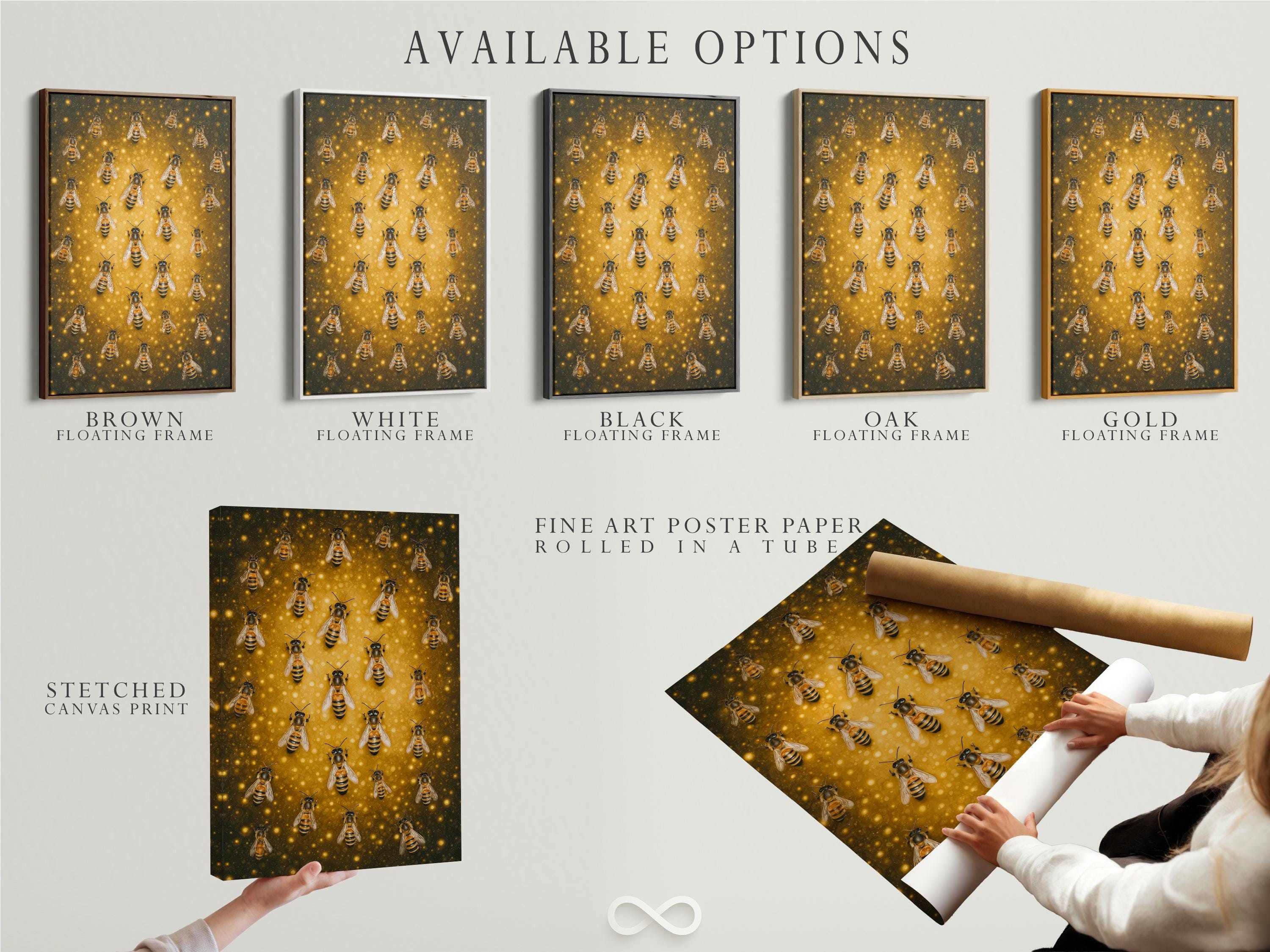 Illustrated bees with black and yellow stripes on a warm golden honeycomb-like background detail view