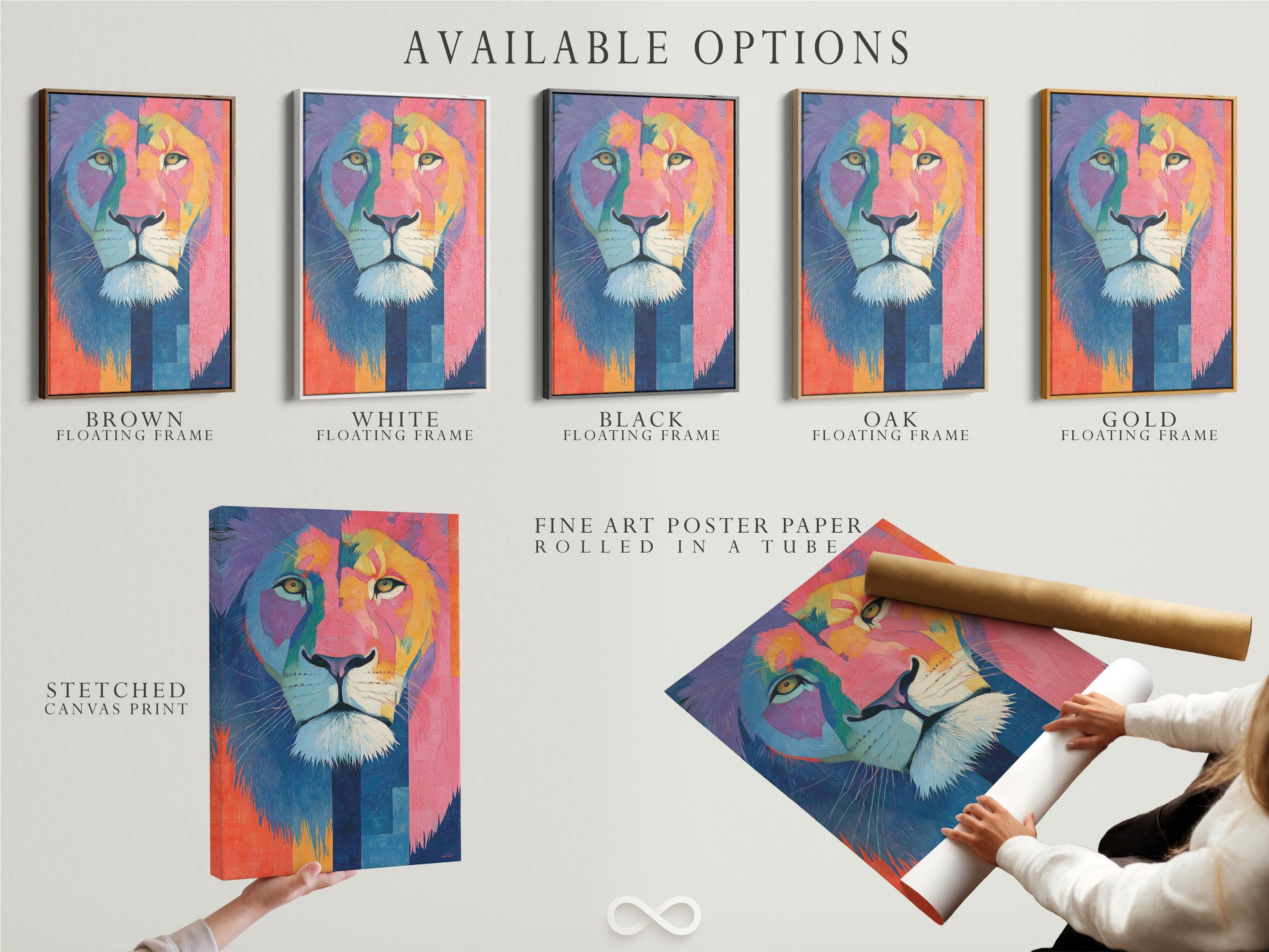 Lion wall art mockup with framed lion portrait in hot pink, blue and teal tones