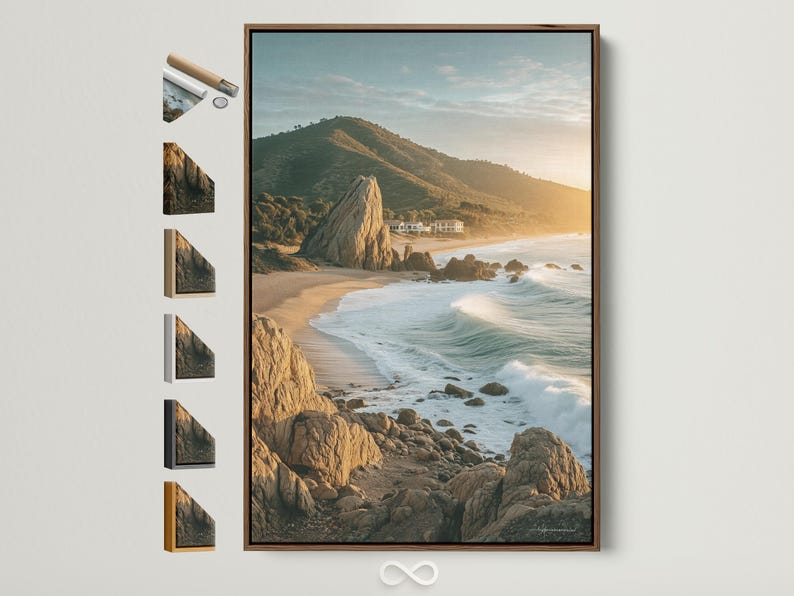 Golden hour seascape showing sandy shore, foamy waves, rocky cliffs and headland