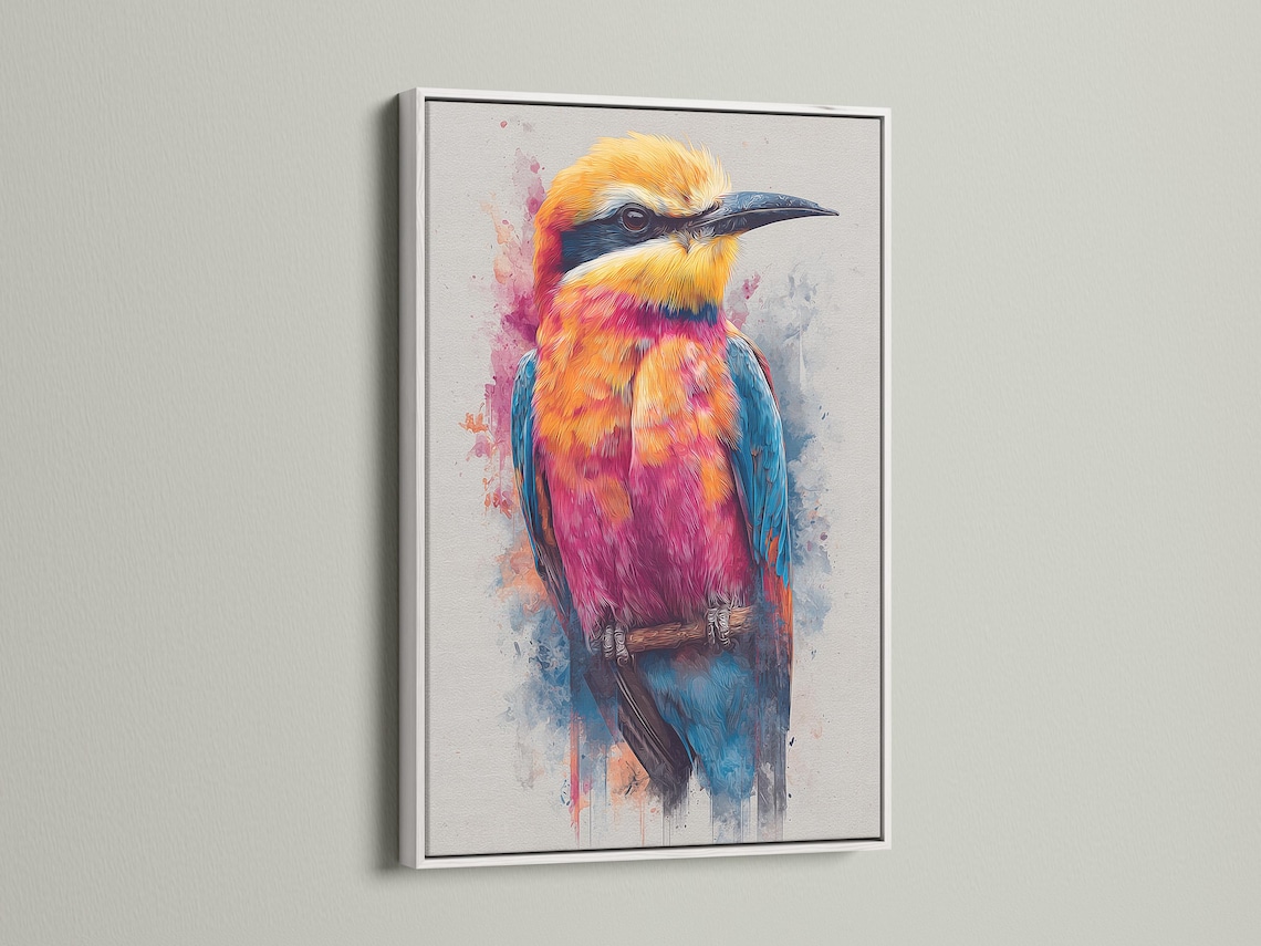 Colourful stylised bird in orange, pink and turquoise with splatter washes on a light background detail view