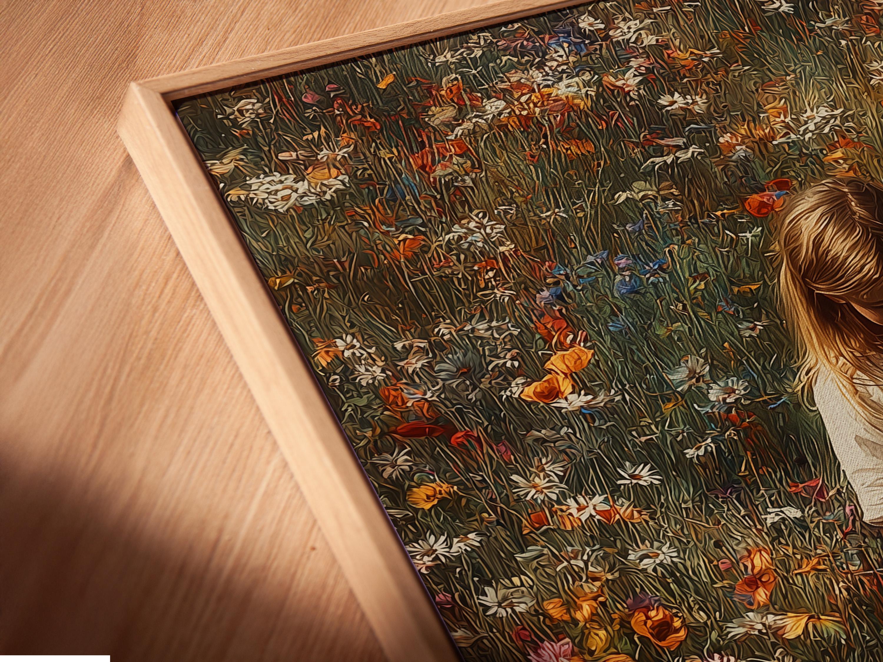 Painterly wildflower meadow scene with a young girl holding a basket and wearing a light dress detail view
