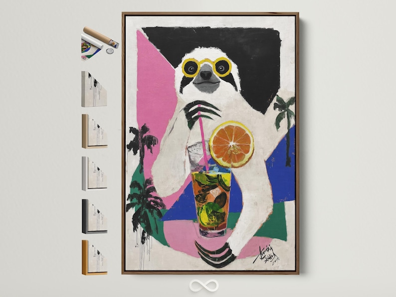 Sloth wearing yellow glasses holding a tropical drink with an orange slice against pink and blue blocks