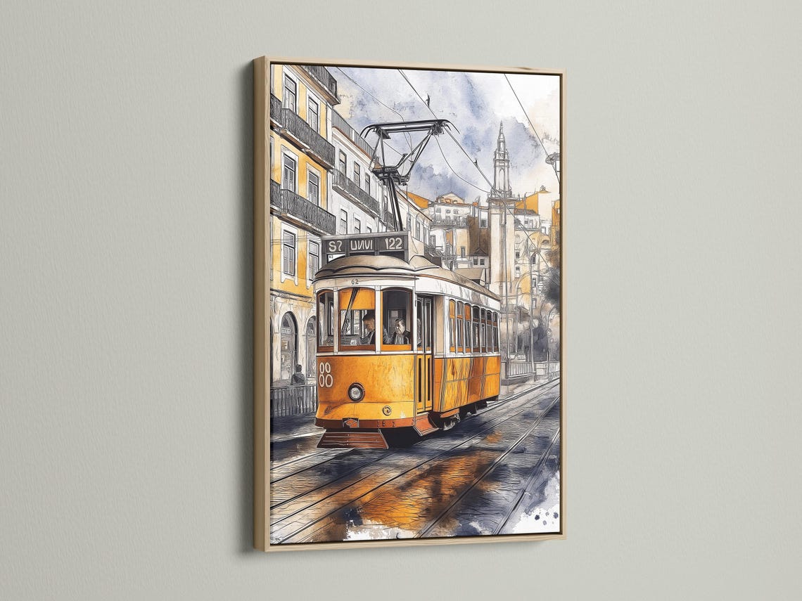 Painterly yellow tram on tracks beside city buildings with overhead cables detail view