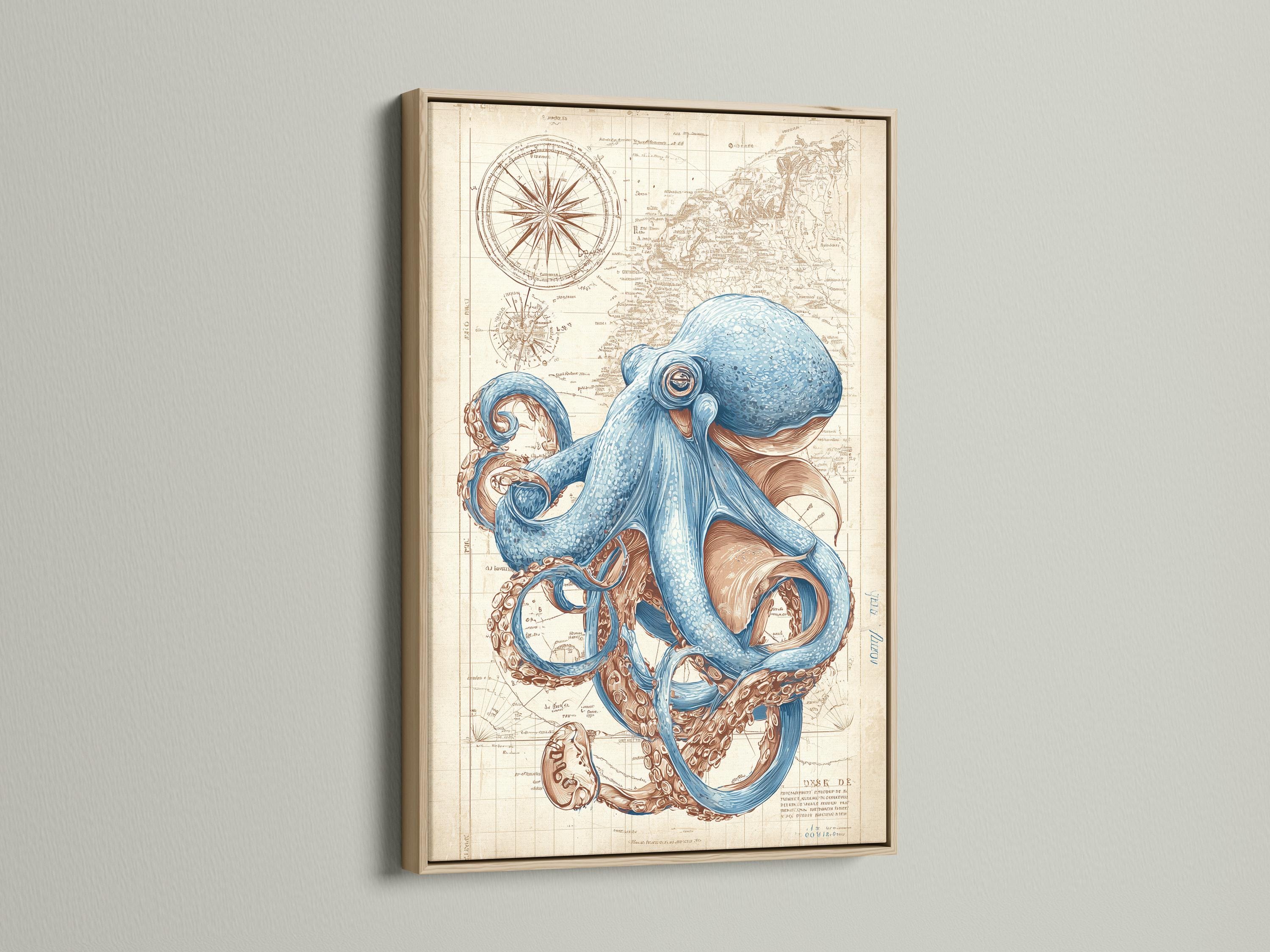 Blue octopus illustration over an antique beige nautical map with compass-like circles detail view