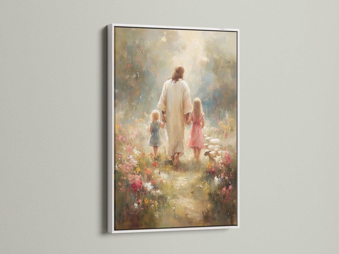 Painterly scene of a robed adult walking with two children through a floral meadow detail view