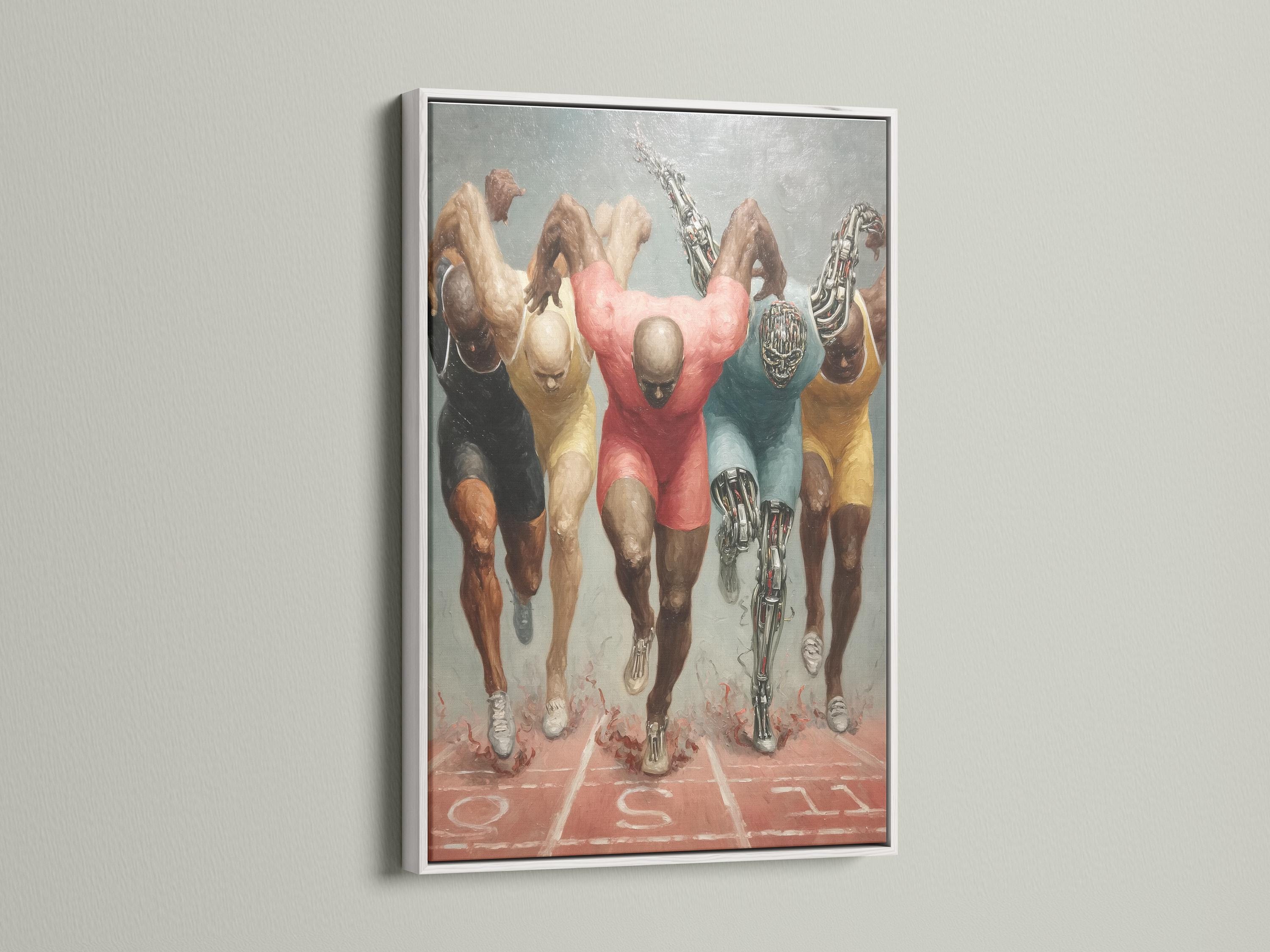 Painterly running cyborg runners with chrome robotic legs on a track-like ground detail view