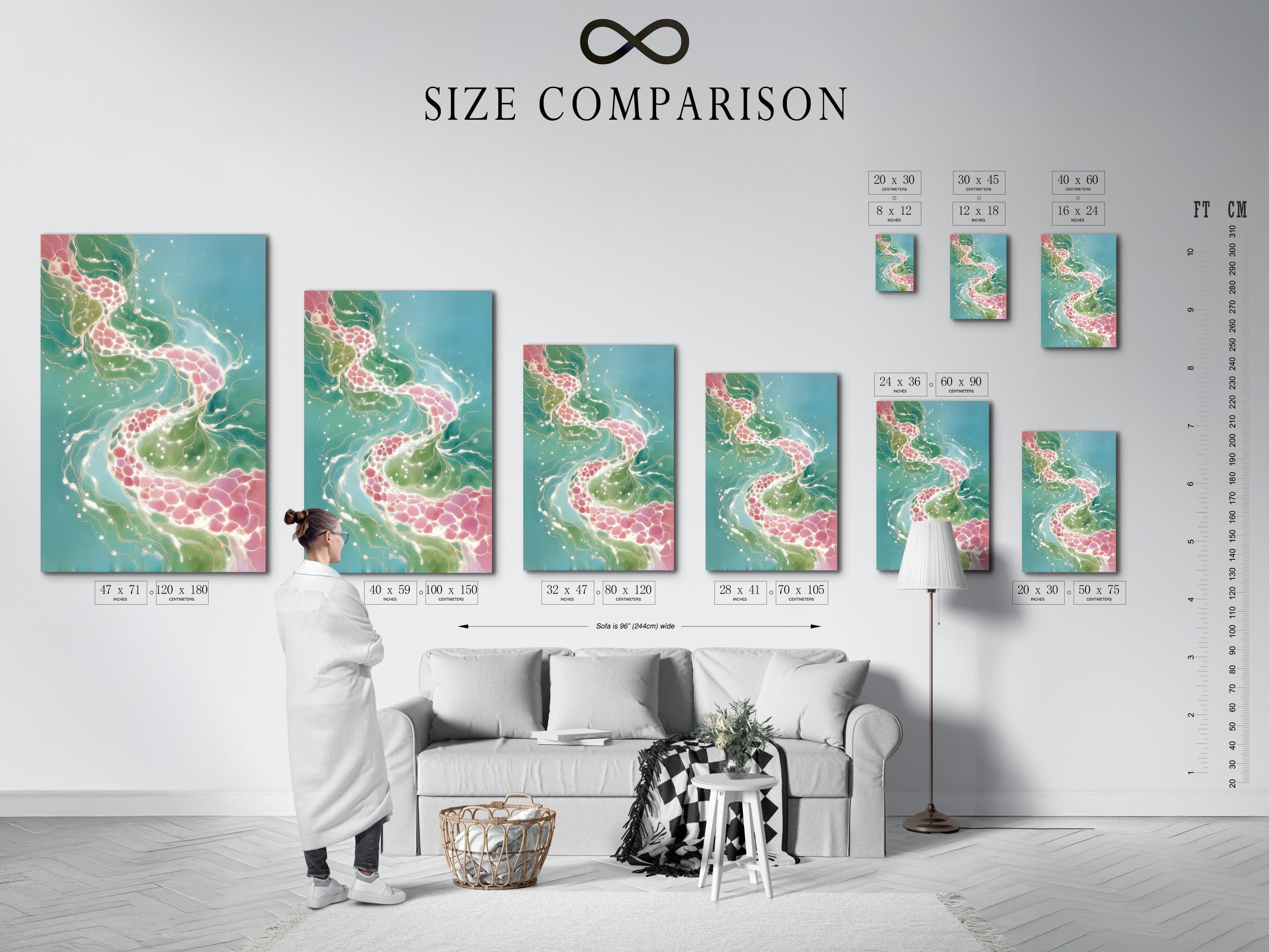 Teal abstract artwork with flowing white lines and blush pink clusters detail view