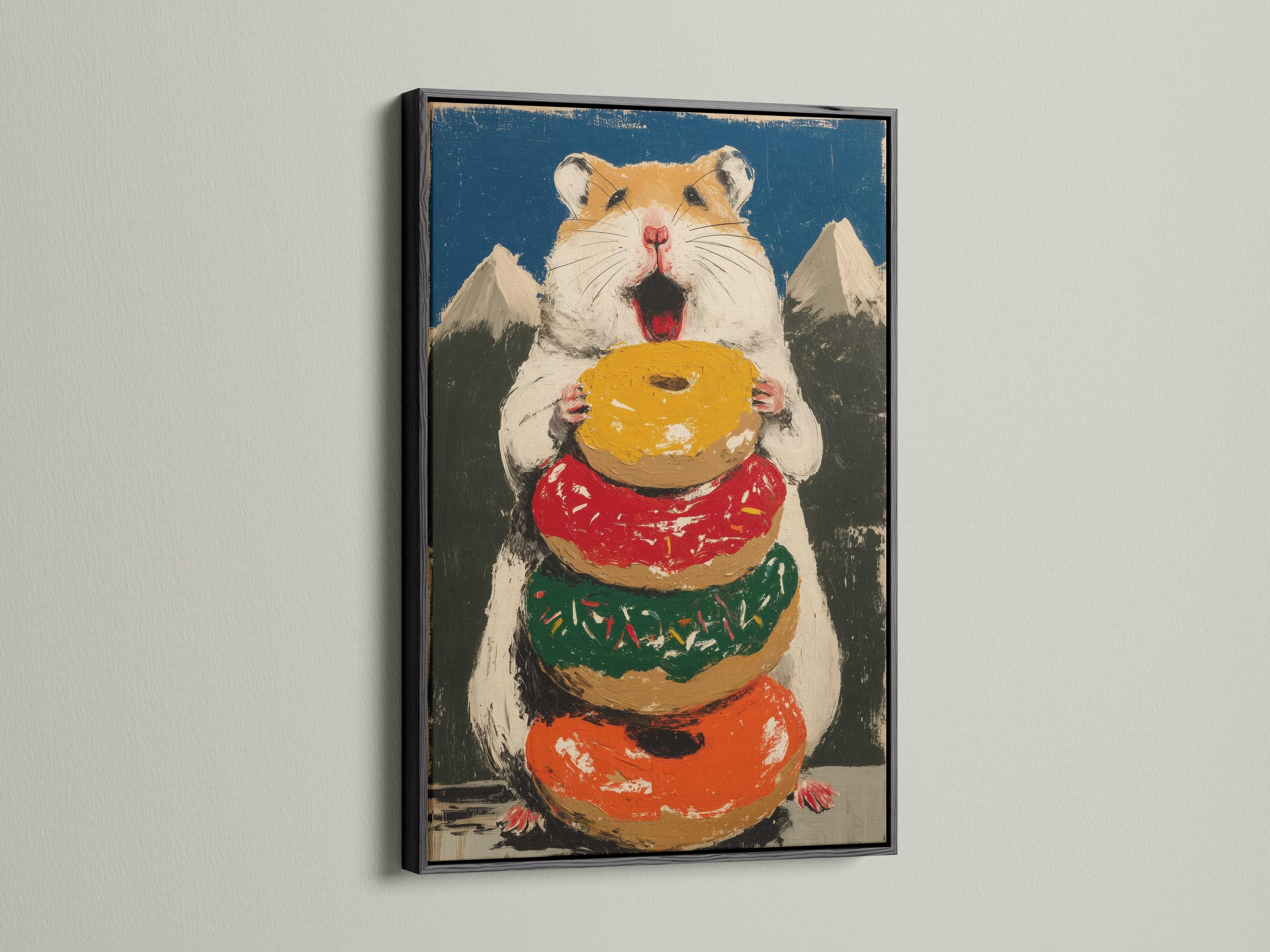 Painted hamster holding a large donut with red, green and gold accents detail view
