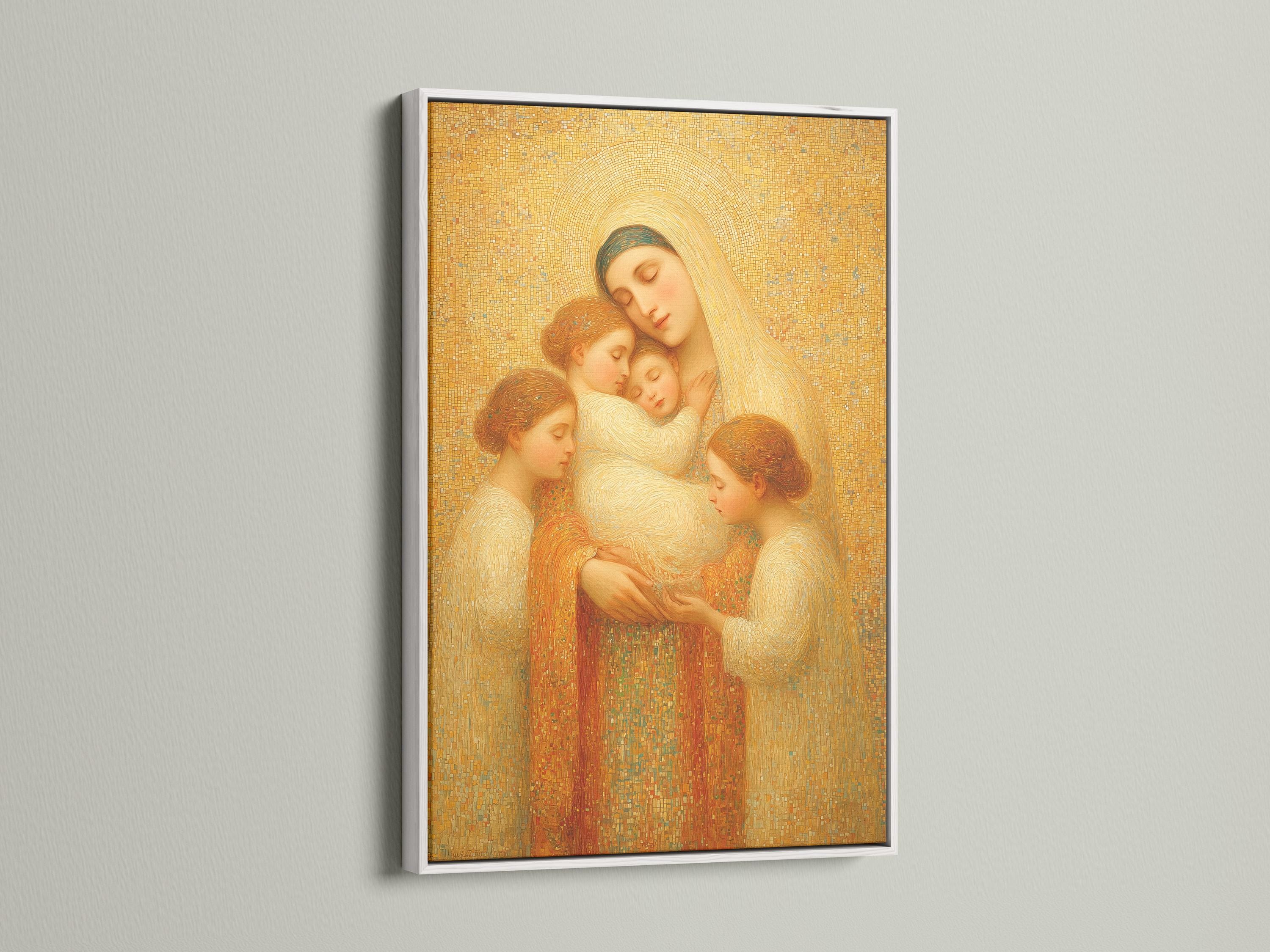 Gold religious portrait of a haloed mother holding children against a mosaic background detail view