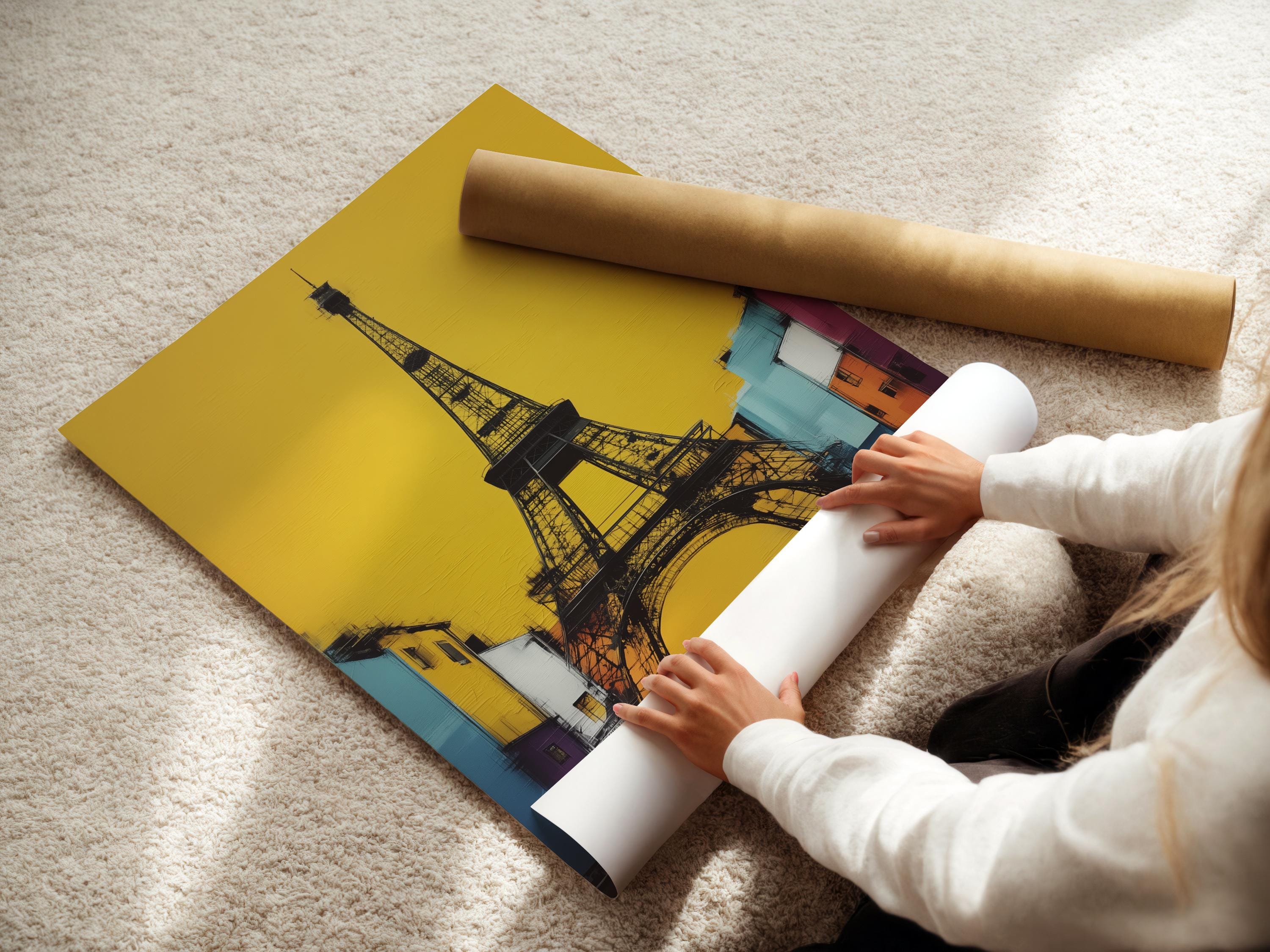 Stylised Eiffel Tower in black with a bright yellow background and colourful city buildings detail view