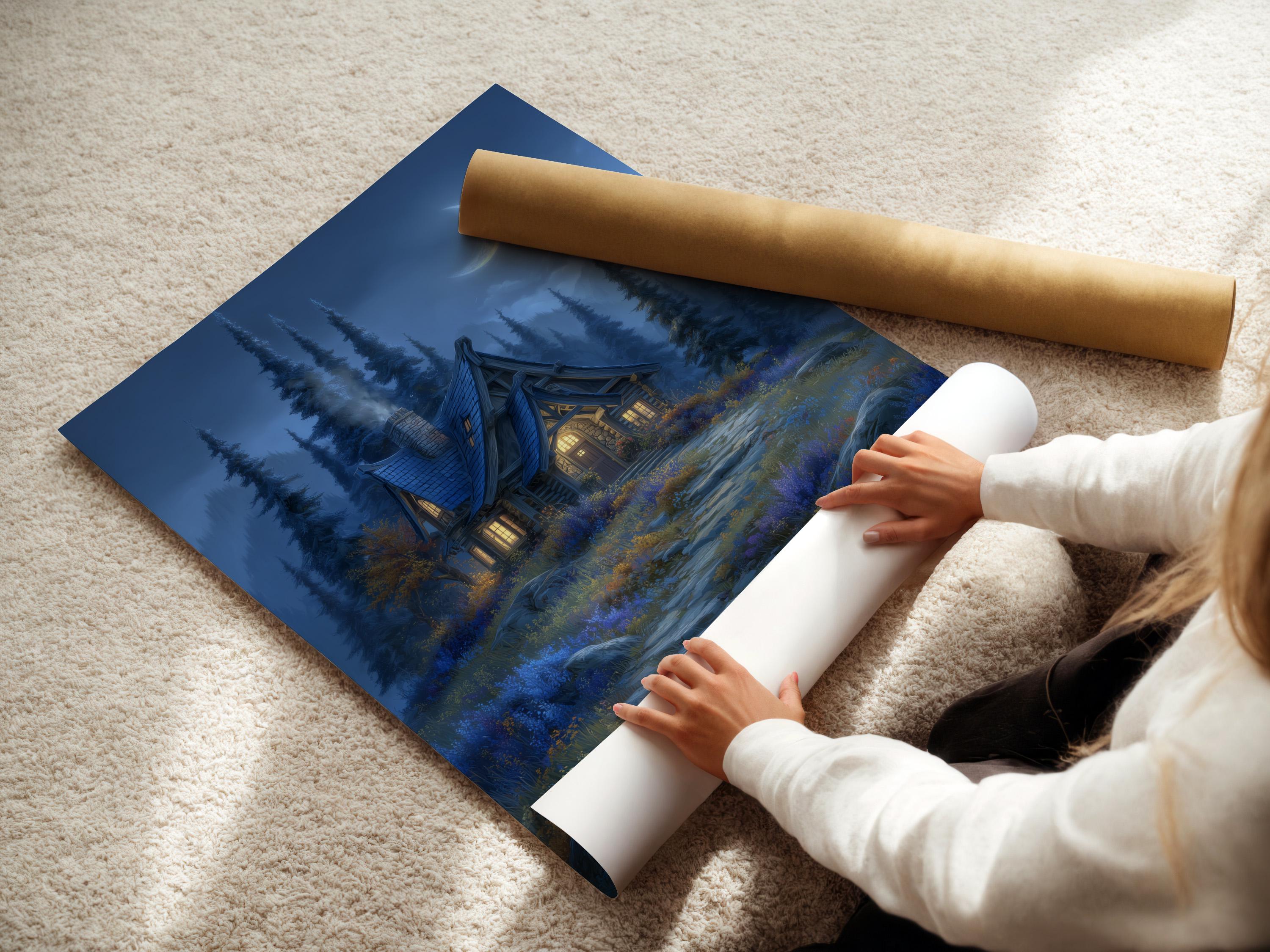 Moonlit cottage in a blue forest with tall pine trees, a full moon, and a winding path detail view