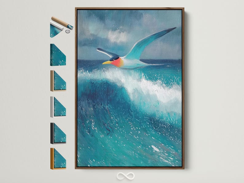 Seagull flying over blue and turquoise waves with foamy white highlights