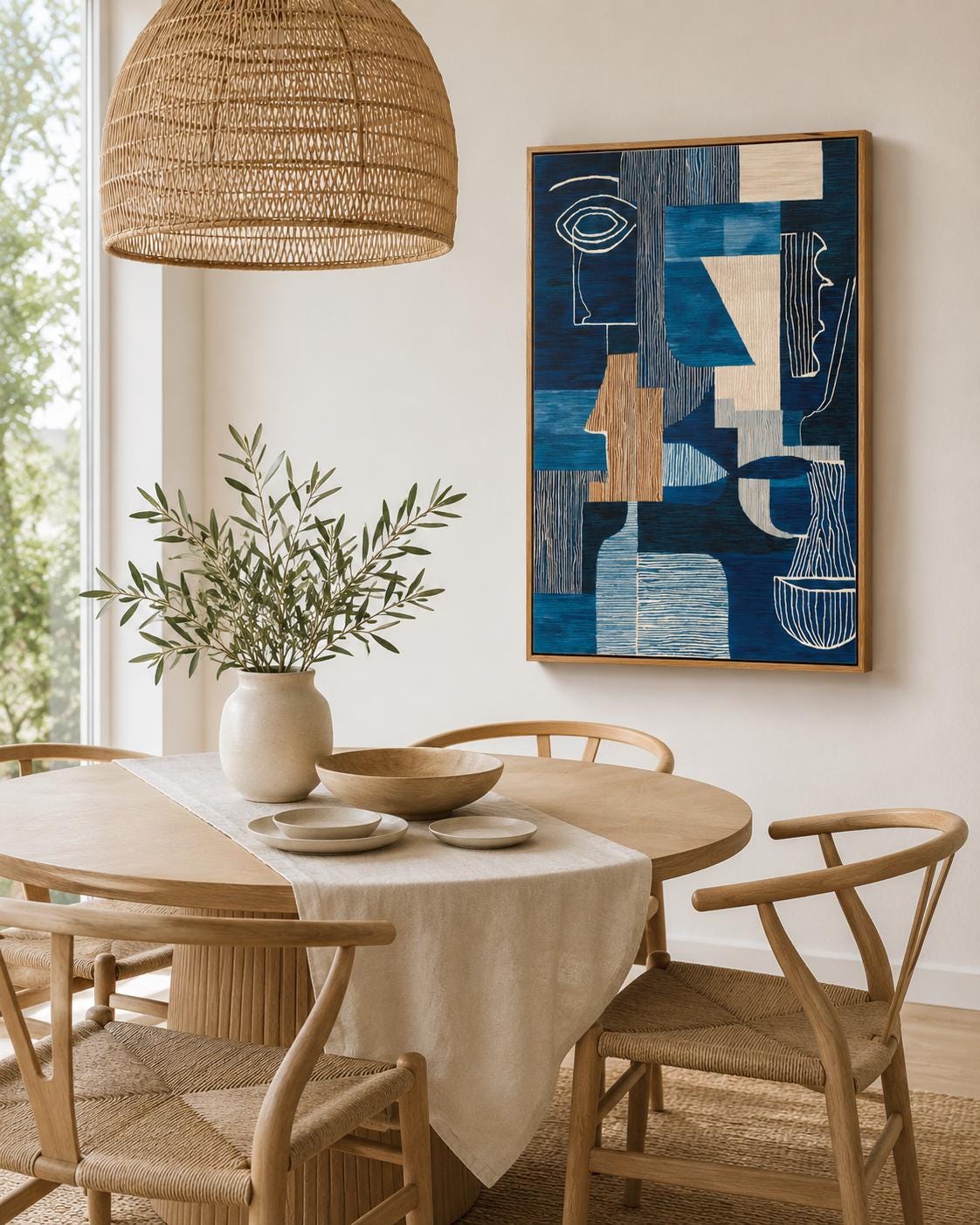 Woman holding a cup in a cafe-like space with a framed blue abstract face artwork on the wall