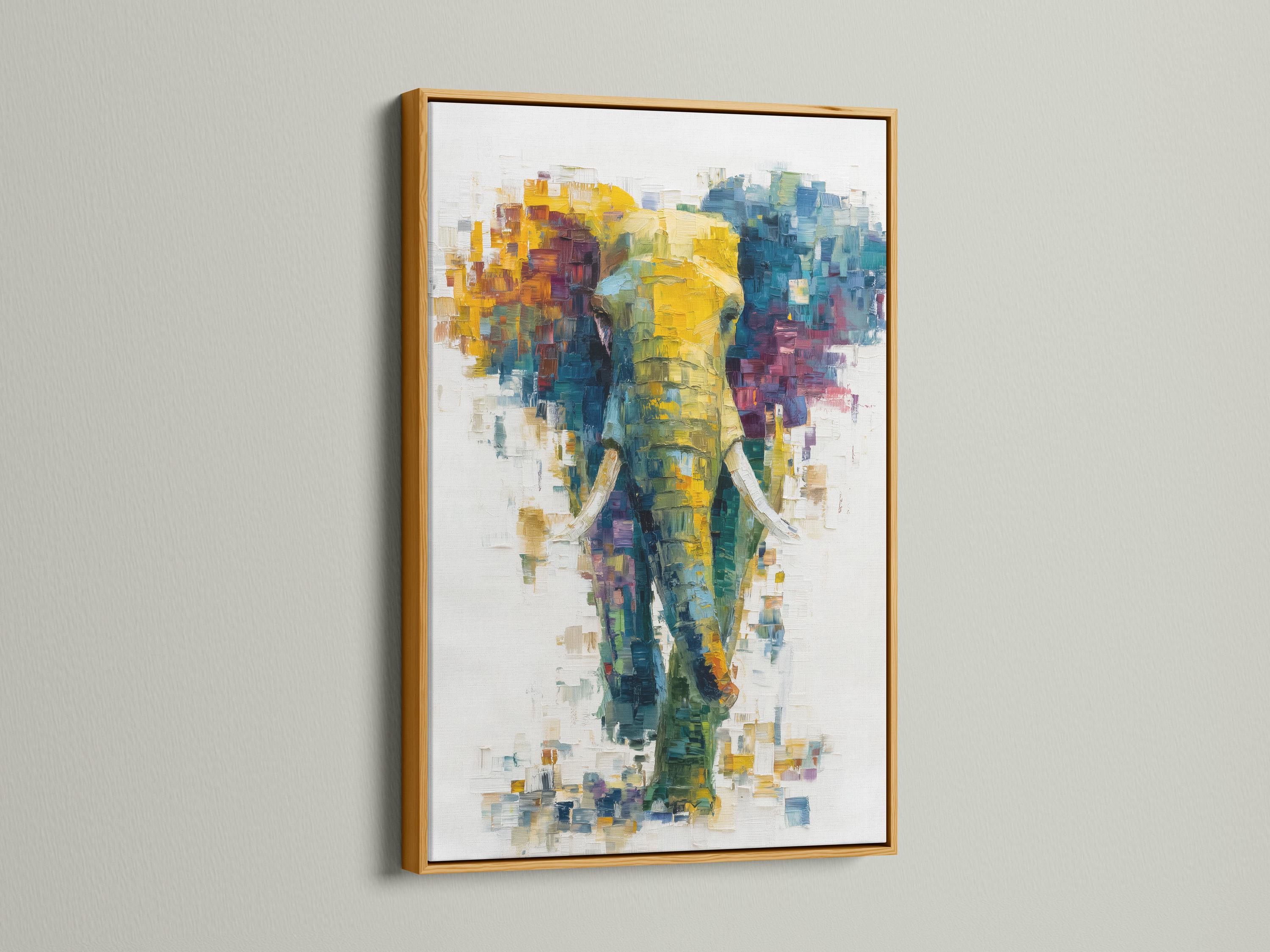 Abstract elephant artwork with layered teal, yellow and magenta colour blocks on an off-white background detail view