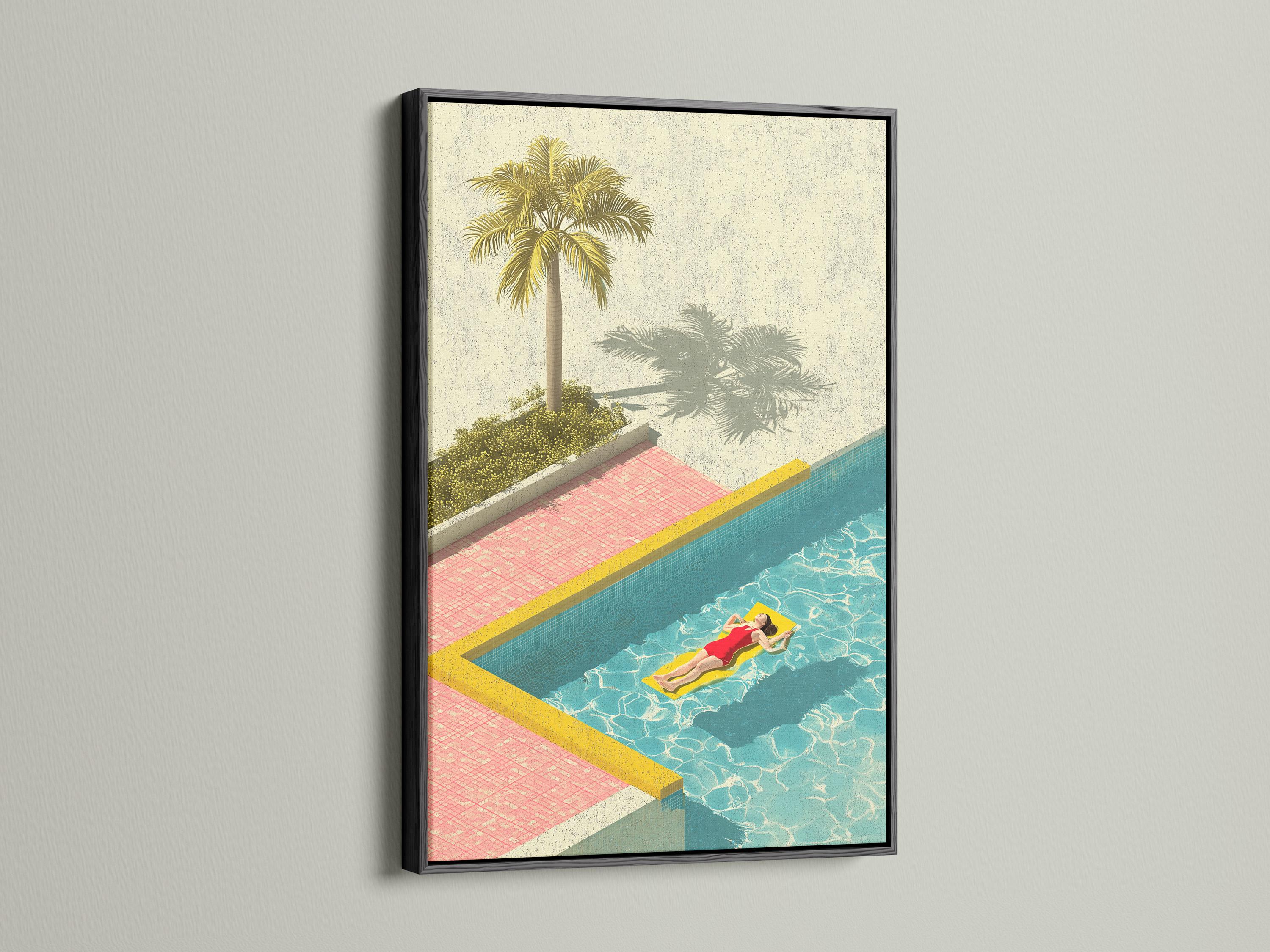 Retro poolside illustration with a tall palm tree, turquoise water, pink tiles, and a person relaxing on a float detail view