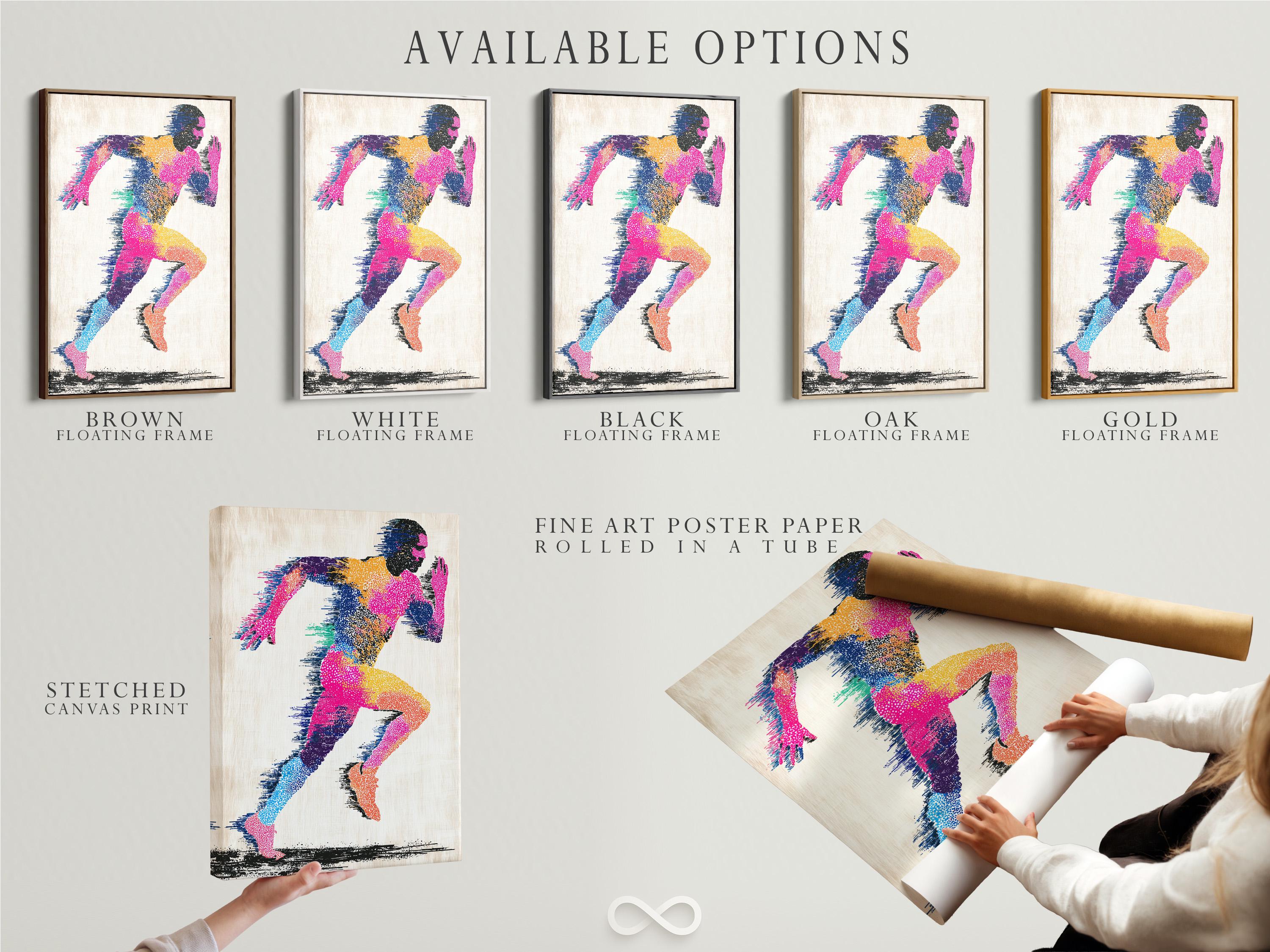 Abstract running man artwork with multicolour speckled figure and black accents detail view