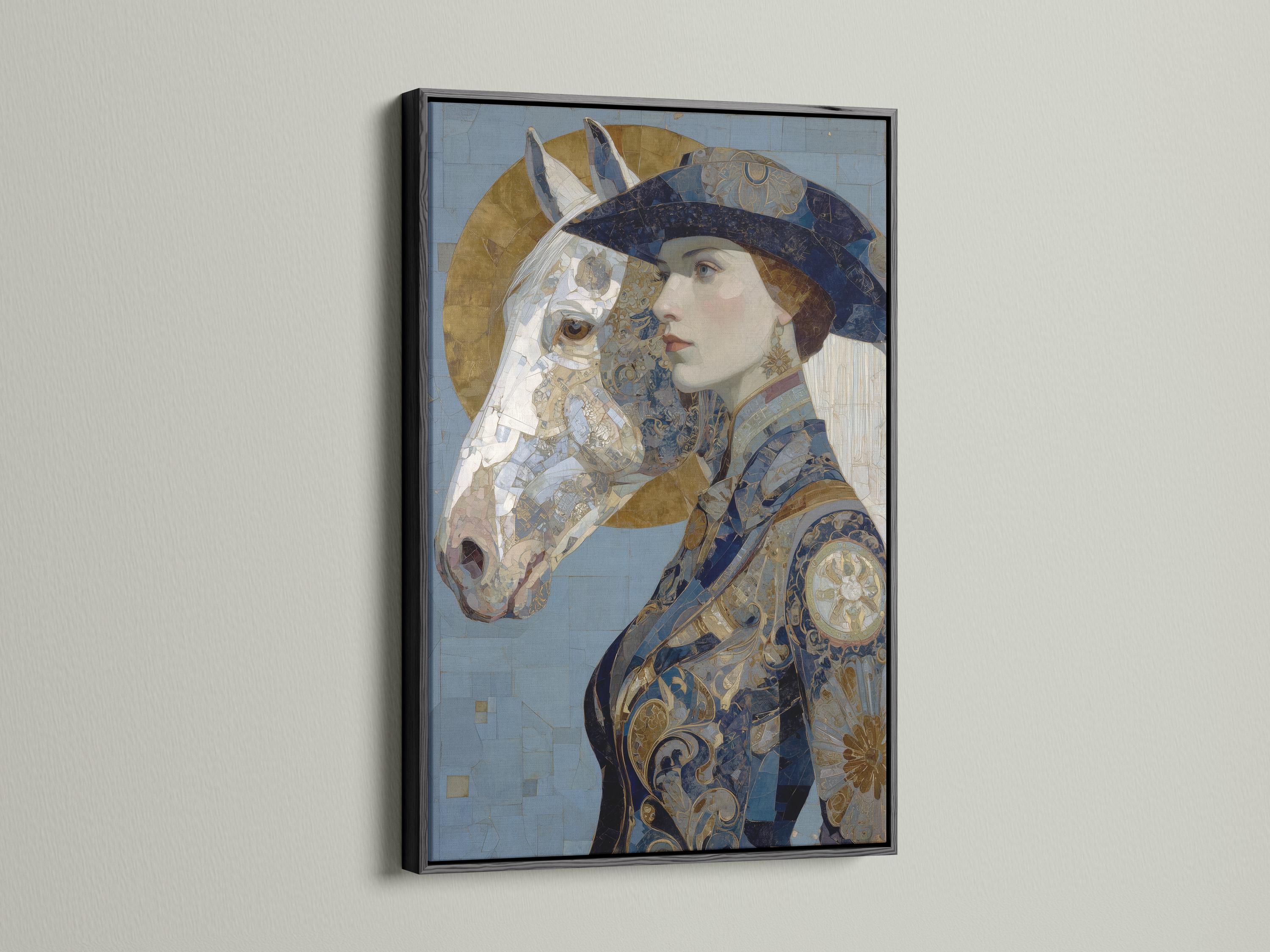 Ornamental blue and gold portrait showing a woman in profile with a horse head beside her detail view