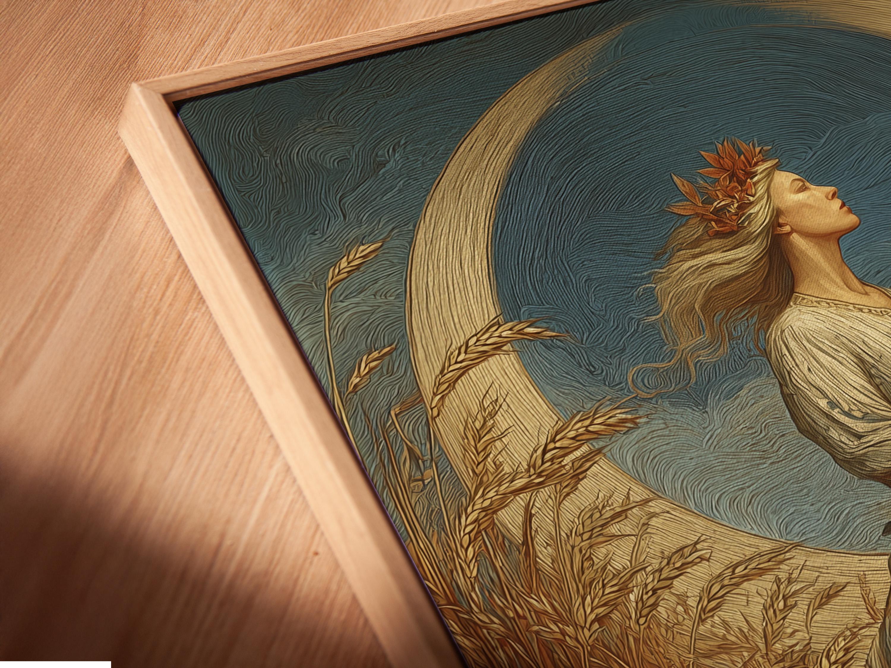 Stylised woman in profile standing in a wheat field with a large moon-like circle behind her detail view