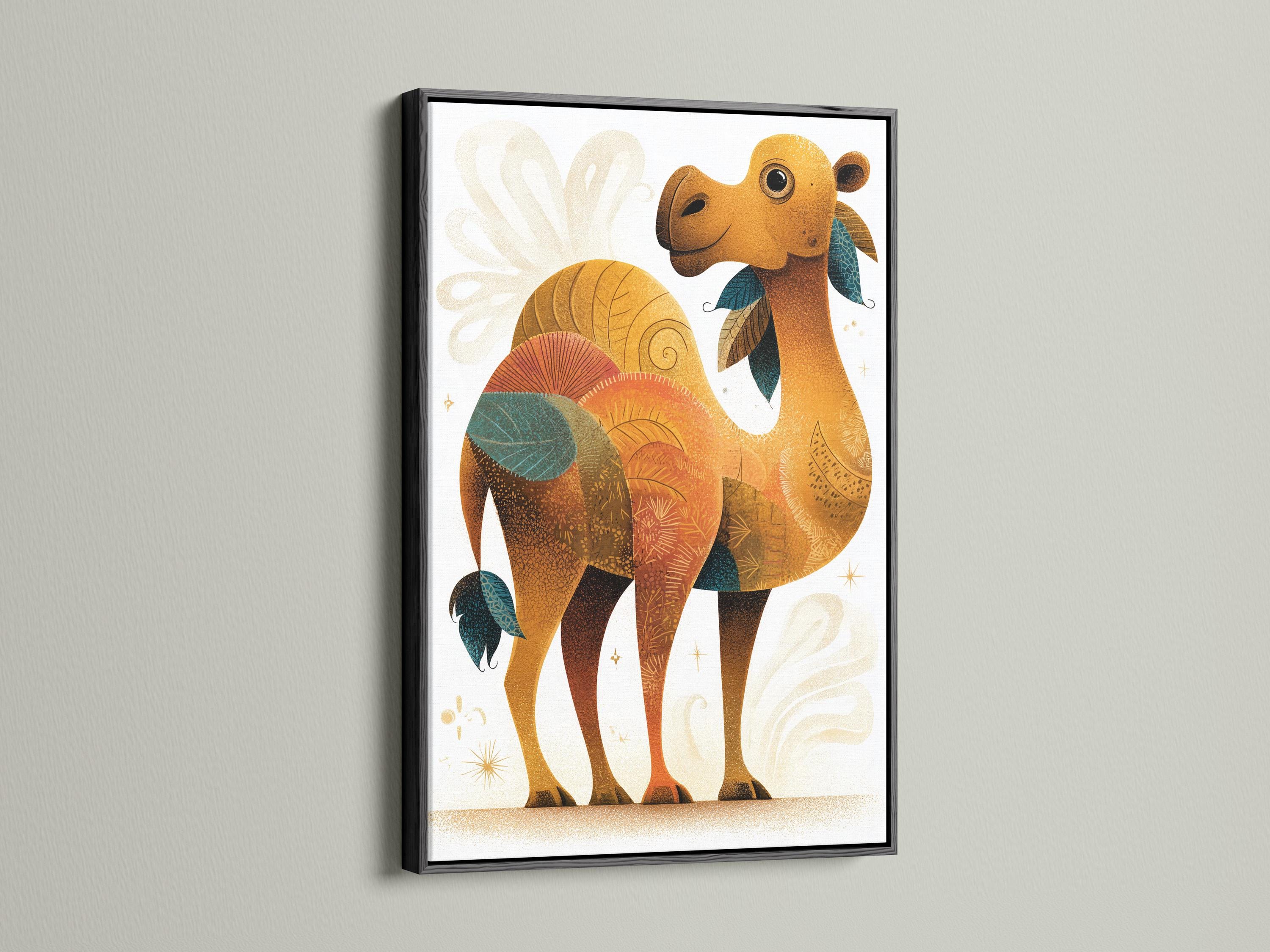 Illustrated camel with warm ochre body, teal leaf details and gold star flecks on an off-white background detail view