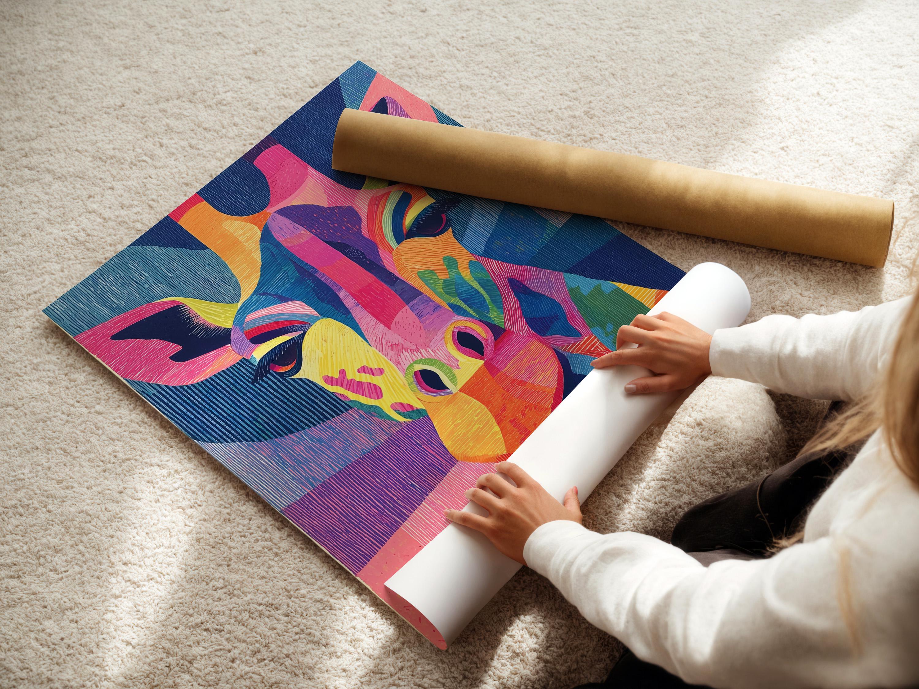 Stylised rainbow giraffe portrait with textured blue, pink and purple geometric background detail view