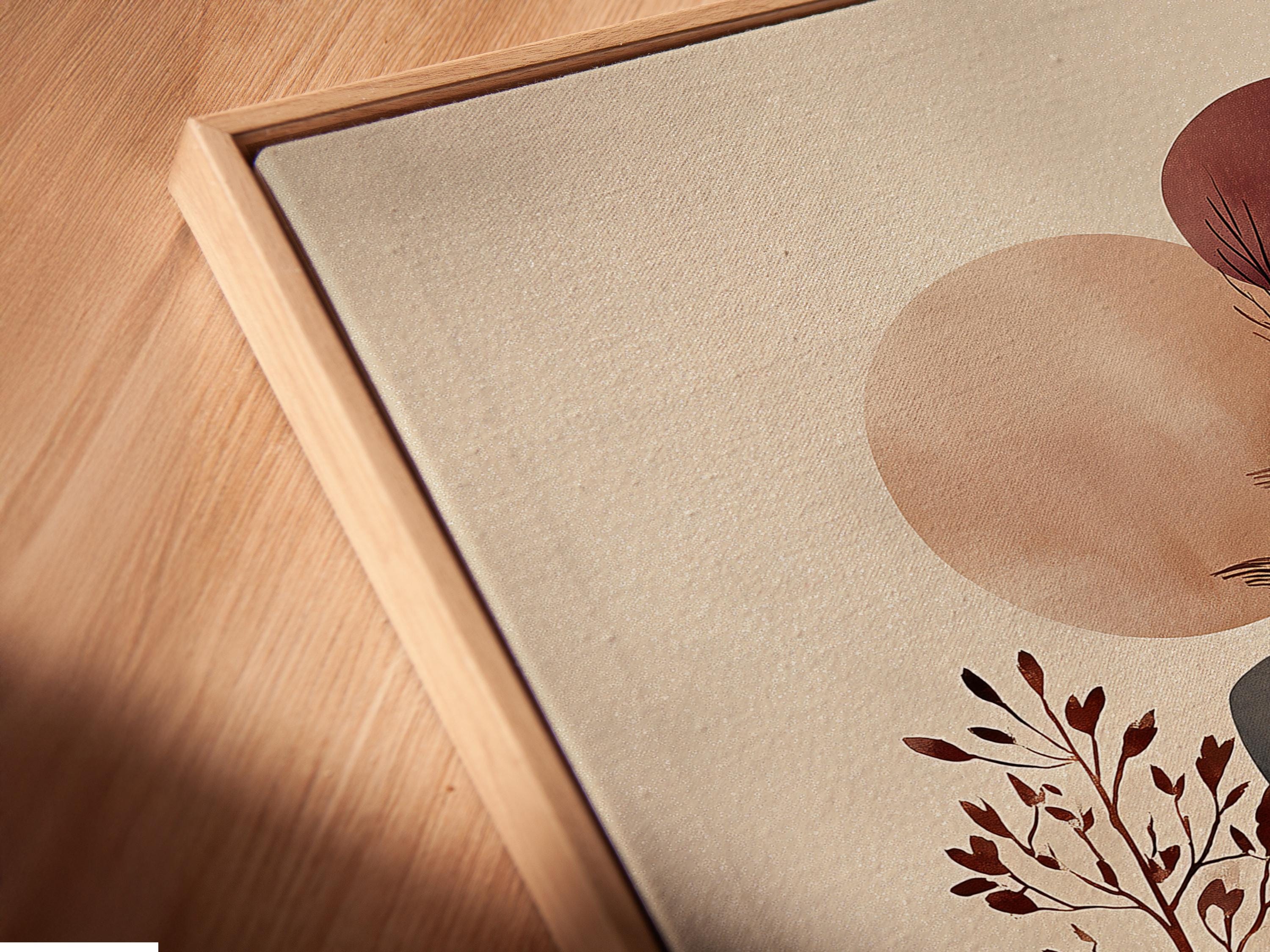 Abstract botanical illustration with beige background, terracotta and burgundy circles, and charcoal plant stems detail view