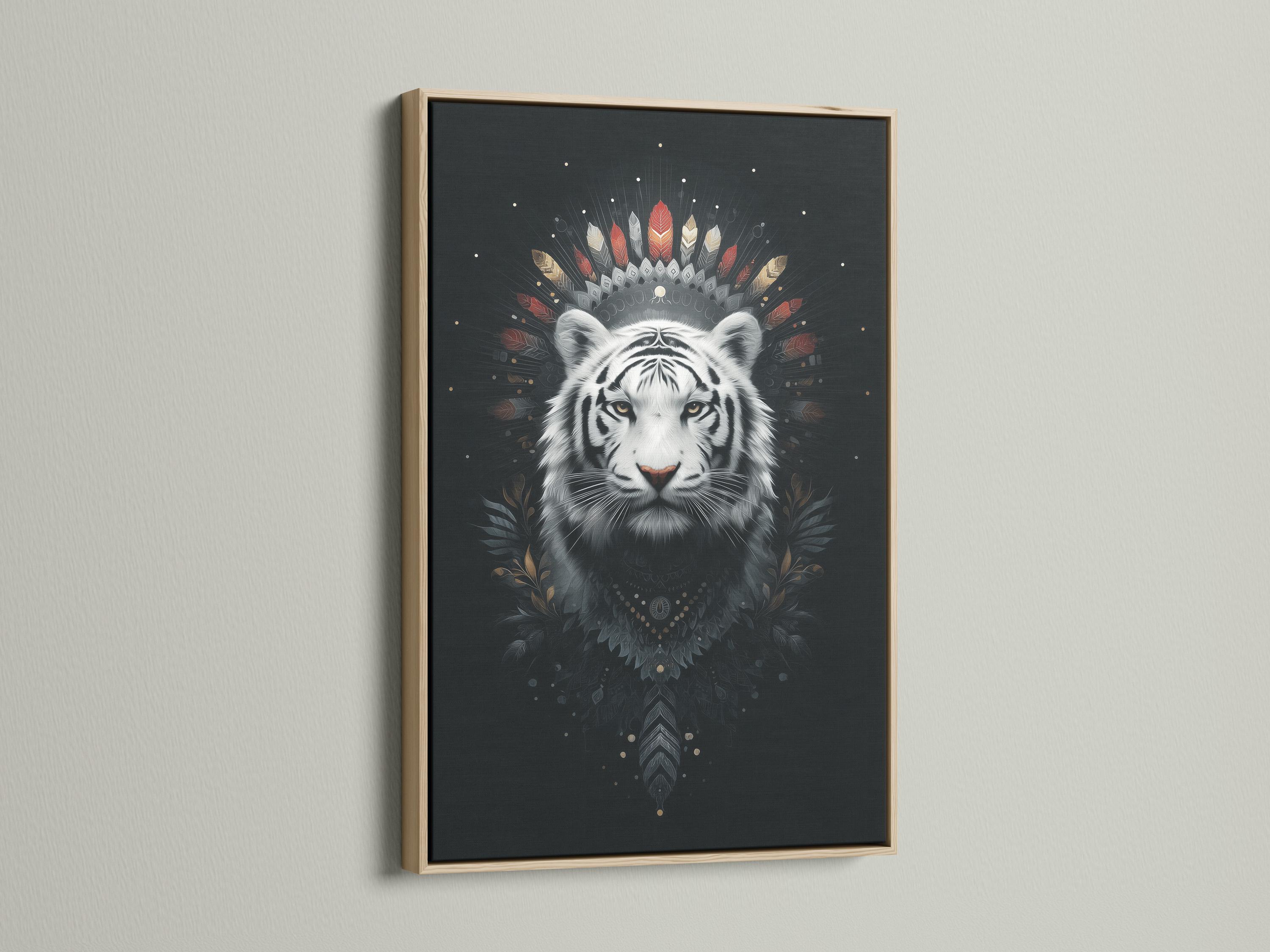 White tiger portrait with feather headdress and gold flecks on a dark background detail view