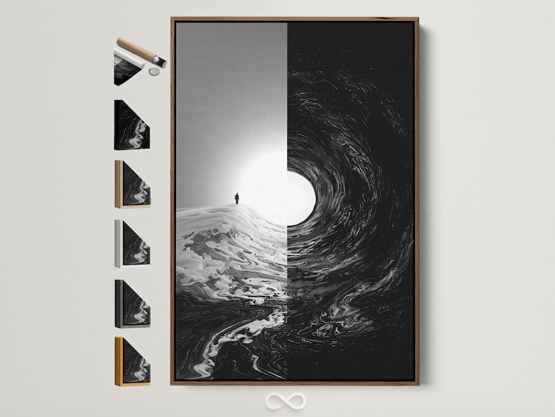 Monochrome split artwork with a small standing figure and swirling black texture