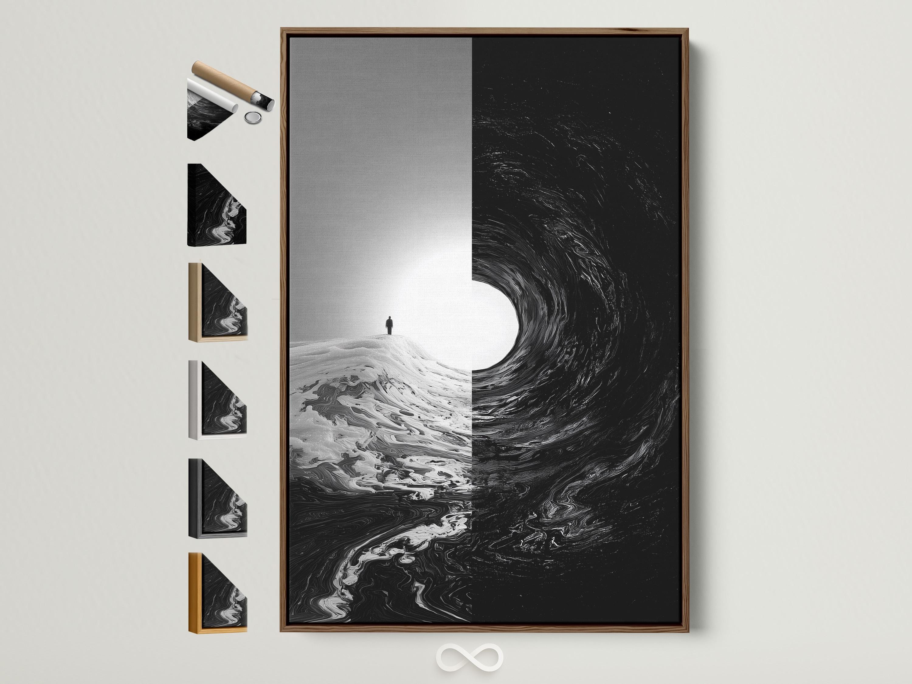 Monochrome split artwork with a small standing figure and swirling black texture