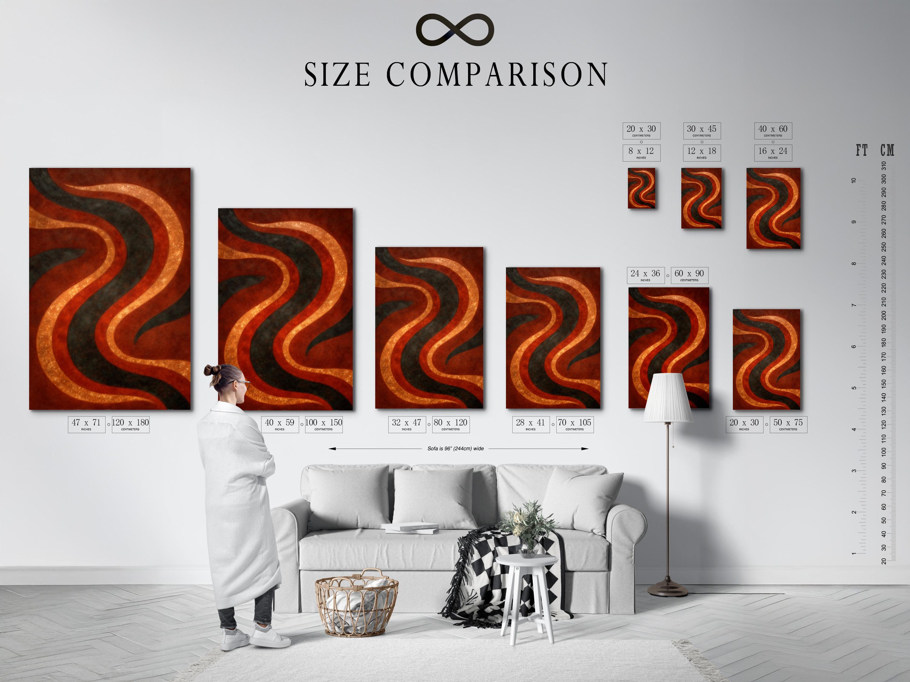 Abstract wave pattern with rust orange and amber gold curves and dark charcoal lines detail view