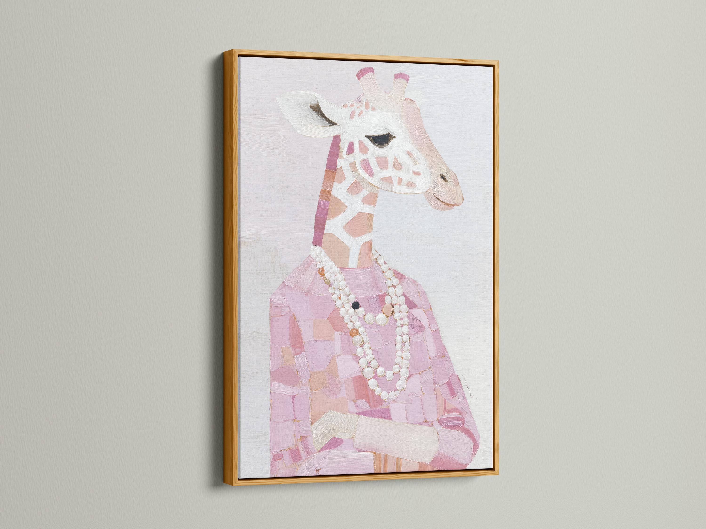 A stylised pink giraffe portrait is shown in a painterly, patchwork-like design with a pearl-like necklace, set against a pale background detail view