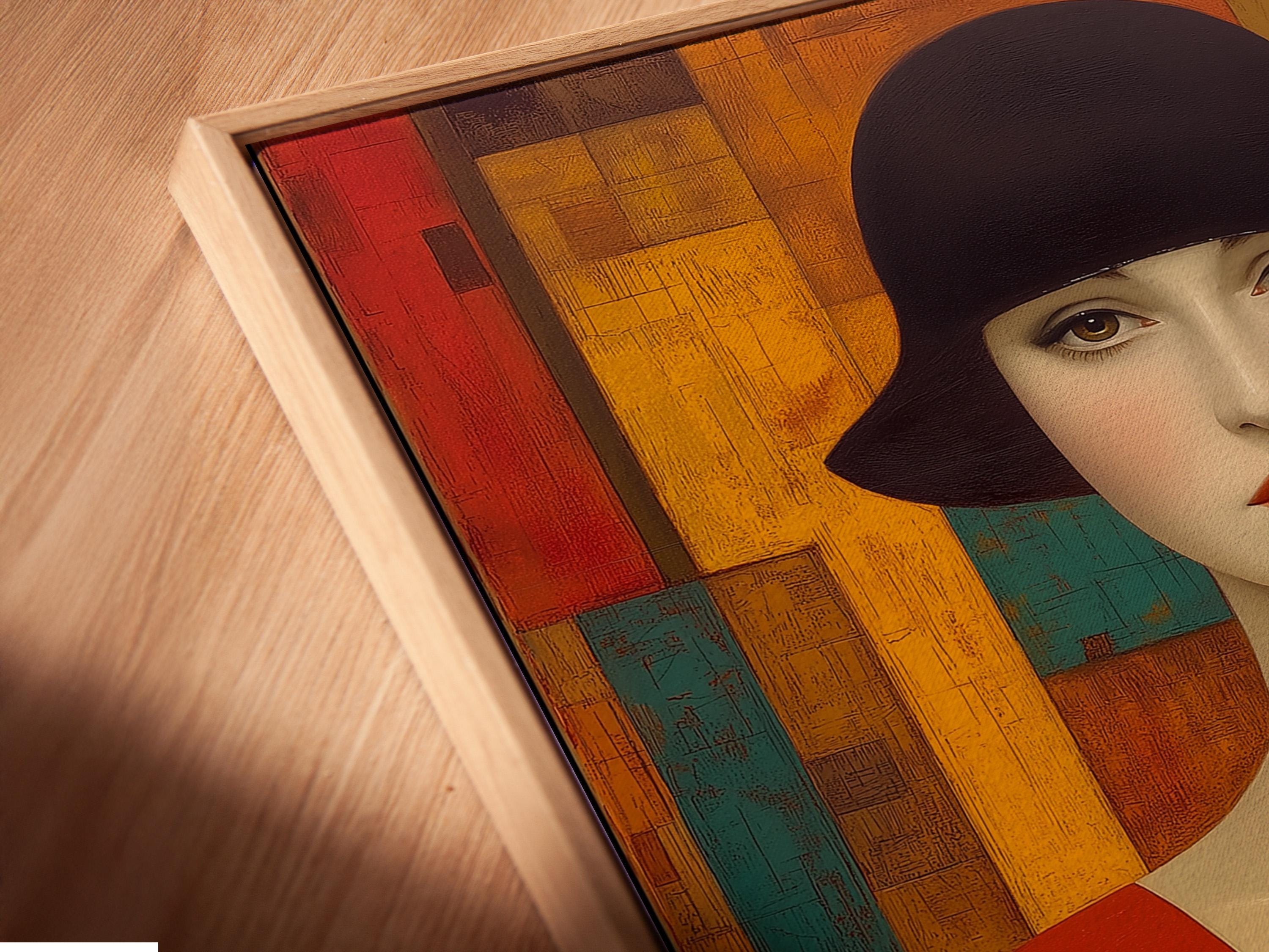 Stylised woman portrait with dark hat, red dress and geometric Art Deco blocks in red, gold and teal detail view