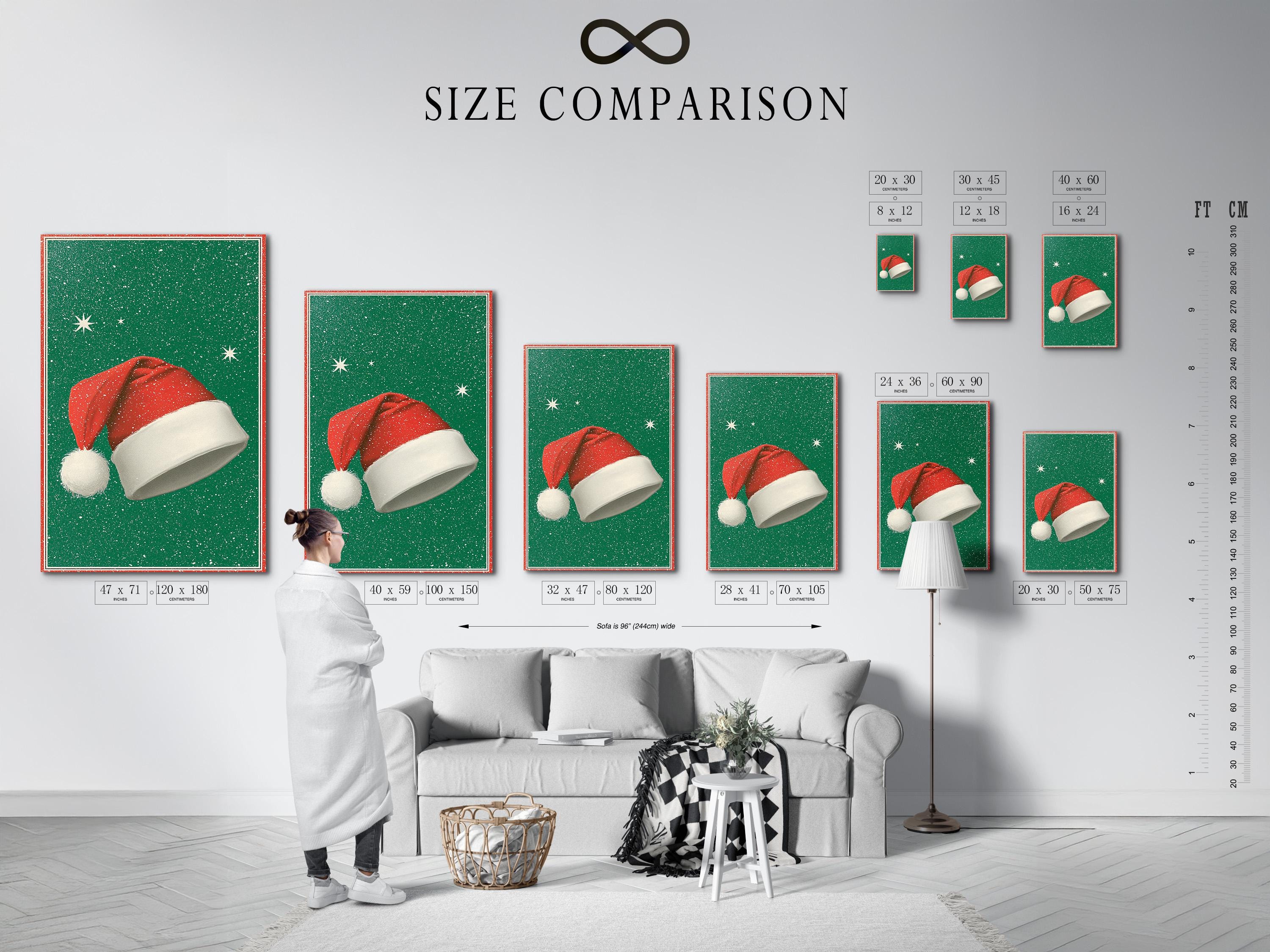 Room mockup featuring a framed Santa hat artwork on an emerald green speckled background